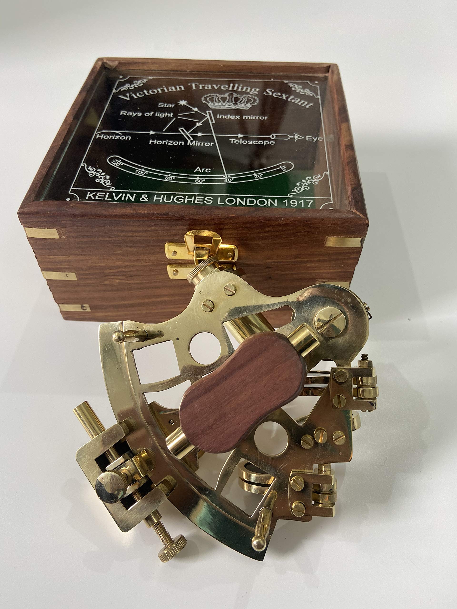 Malla - Sestante da lavoro in ottone realizzato a mano, 12,7 cm, con scatola in legno inciso, sestante di navigazione