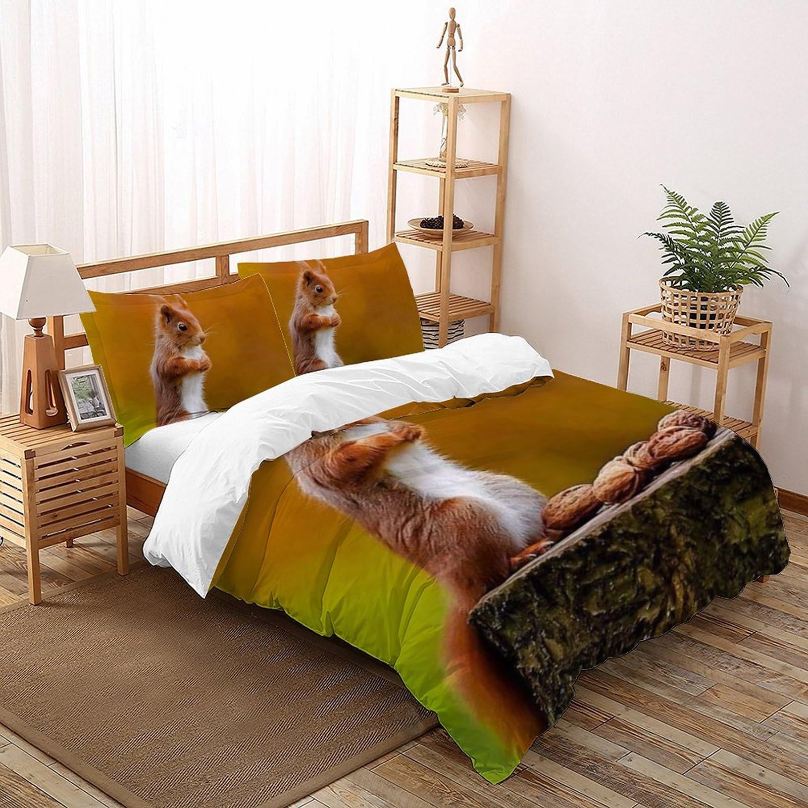 Housse de couette écureuils imprimé 3D avec taies d'oreiller en microfibre