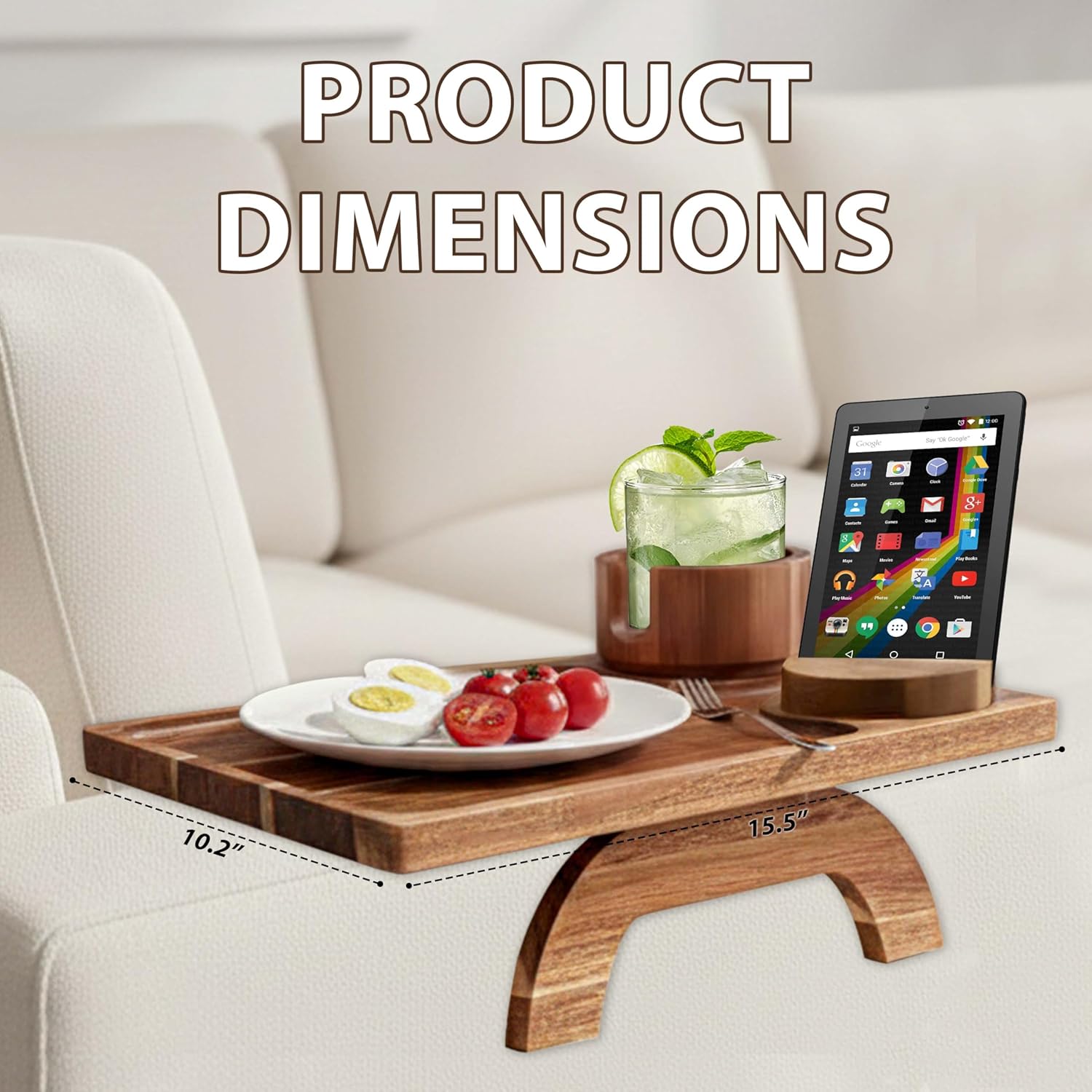 Set of 2 Acacia Wood Couch Cup Holder Trays 10.13” x 15.31” Sofa Armrest Table with Built in Cup Holder Snack Phone Remote Holder Fits Most Couch Arms