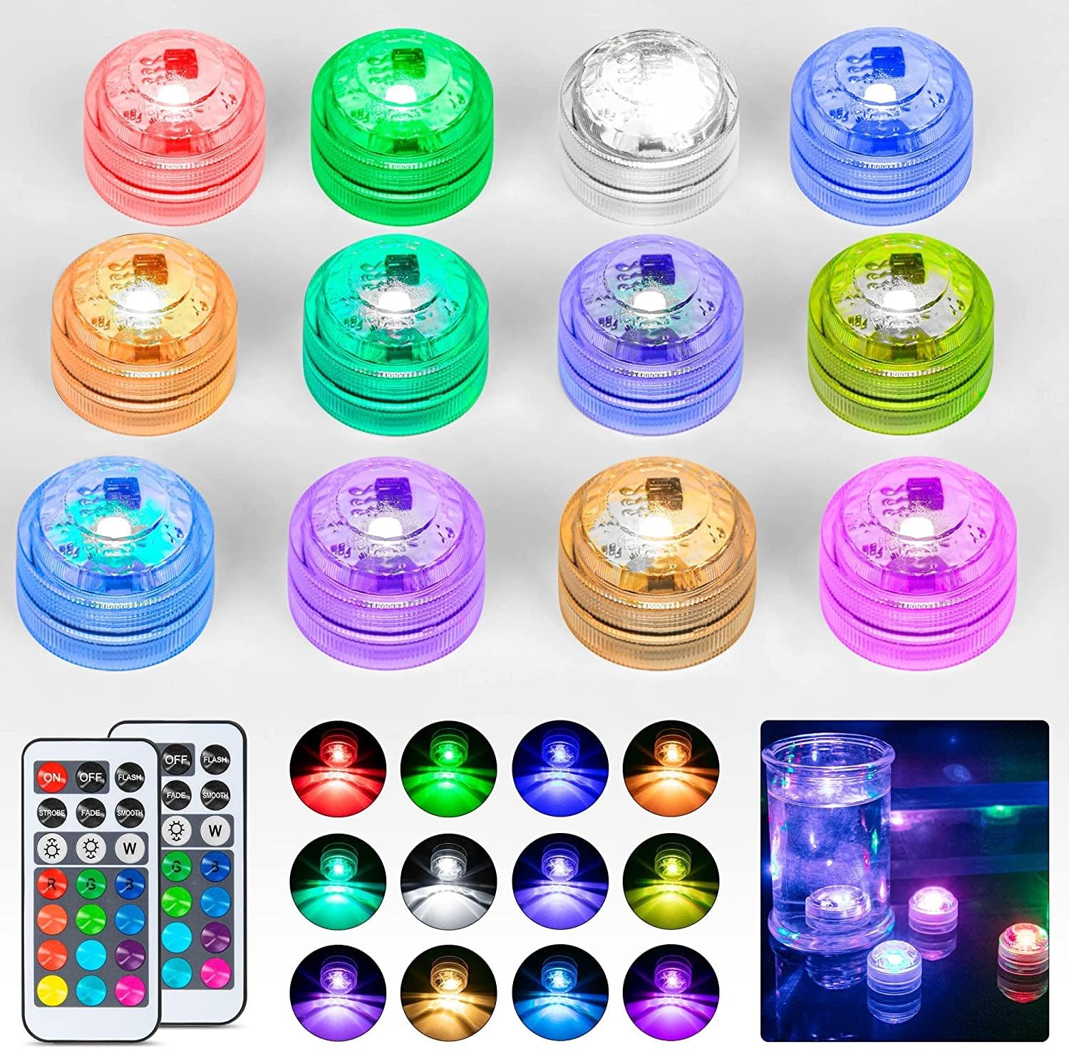 12 Pack Submersible LED Tea Lights Waterproof LED Tealights with 2 Remote Control, Battery Operated RGB Underwater LED Pool Lights for Vase,Fish Tank,Wedding,Party Events,Pond Deco
