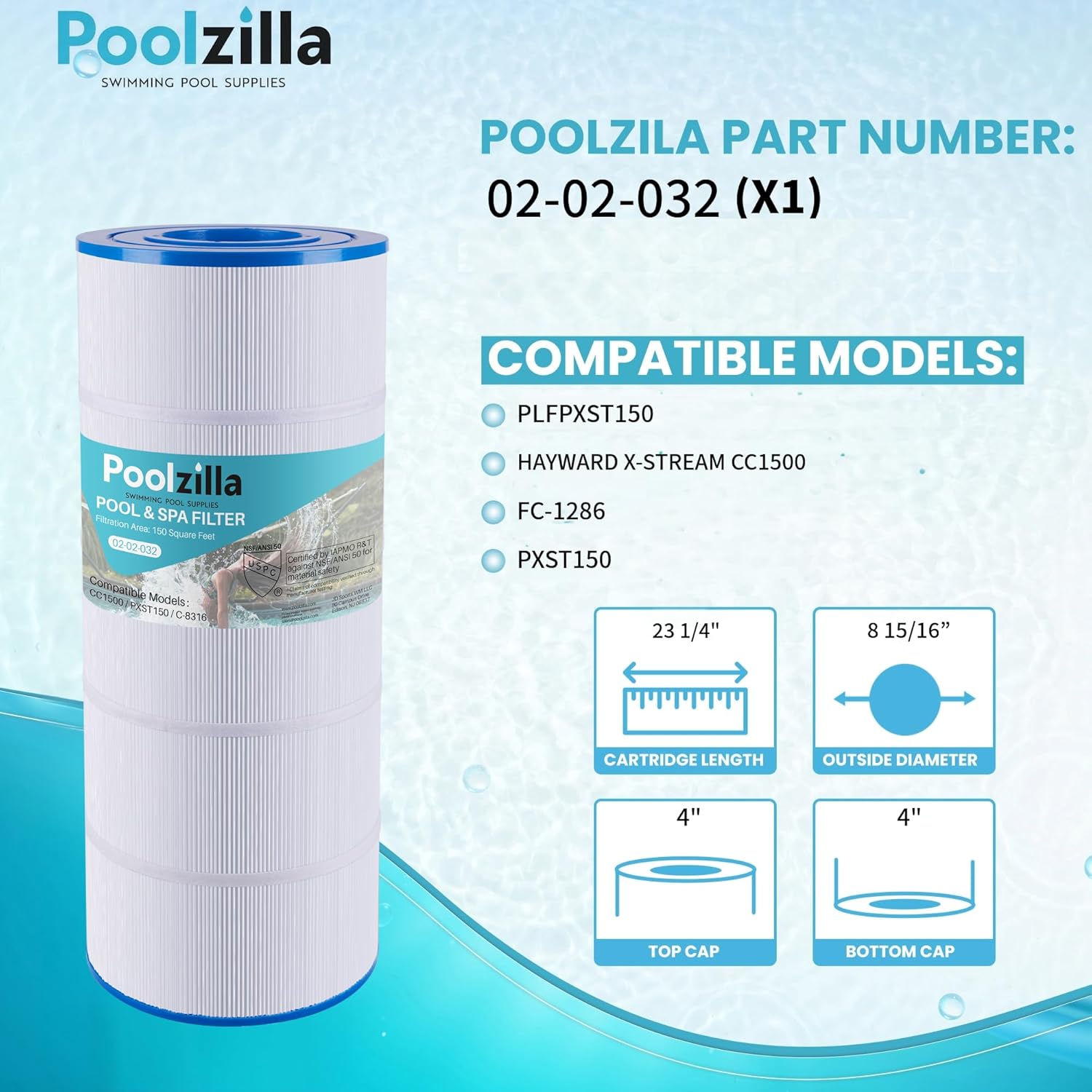 Poolzilla 1-Pack Replacement for Pool Filter PLFPXST150, Hayward X-Stream CC1500, CC-1500-E, Waterway Pro Clean 150, Unicel C-8316, Filbur FC-1286, Pleatco PXST150 - Filter Cartridge - 150 sq.ft - Image 2