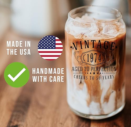 Miniatura 4 de Taza de vidrio para beber café con estampado negro vintage de 1974 de 16 onzas  Regalos de feliz cumpleaños 50 para mujeres y hombres, saludos a 50