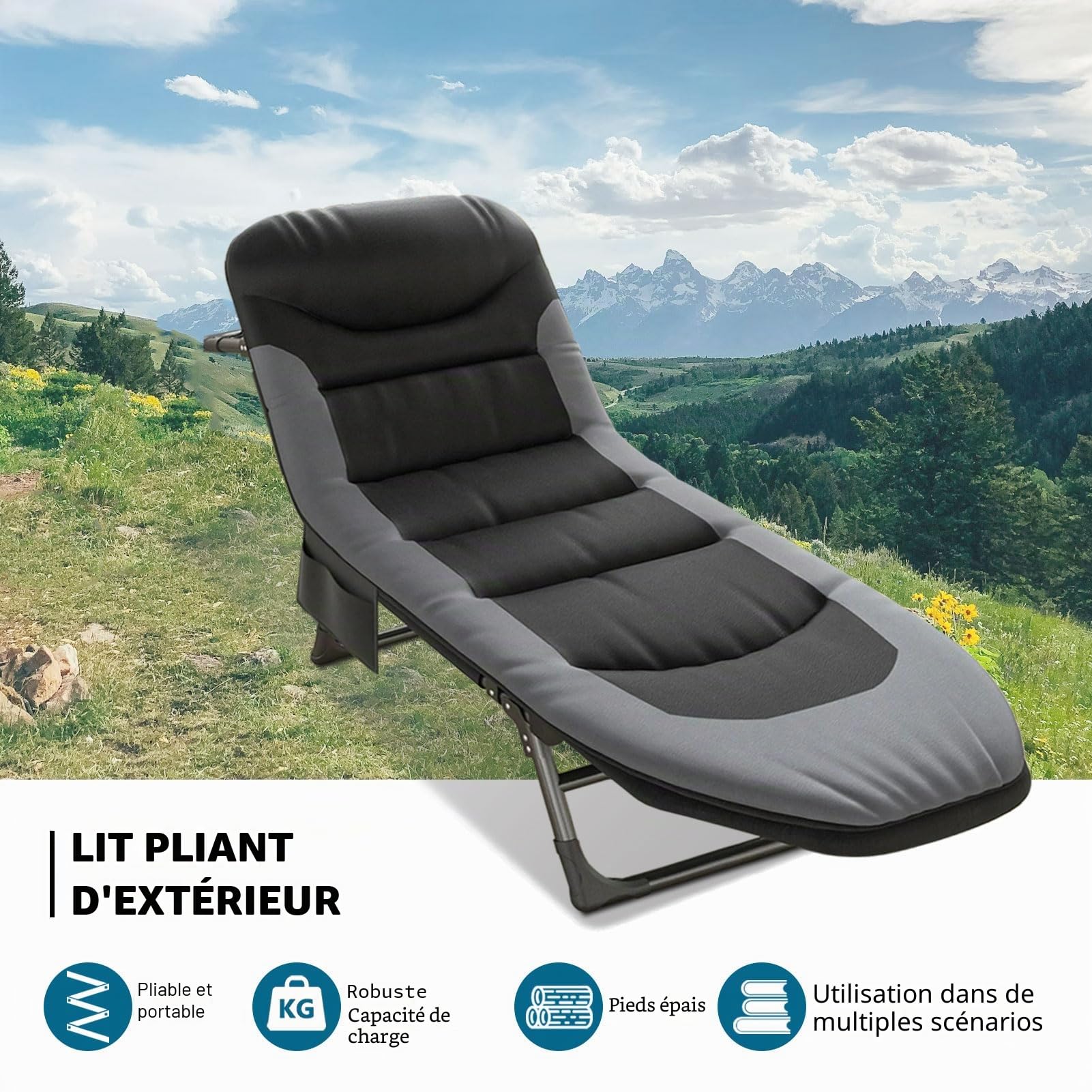 Lit de camping pliable XXL - Chaise de camping extra large - 190 x 65 x 30 cm - Lit de camping pliable léger - Chaise longue de jardin réglable en 6 positions - Pour l'extérieur, l'intérieur et le