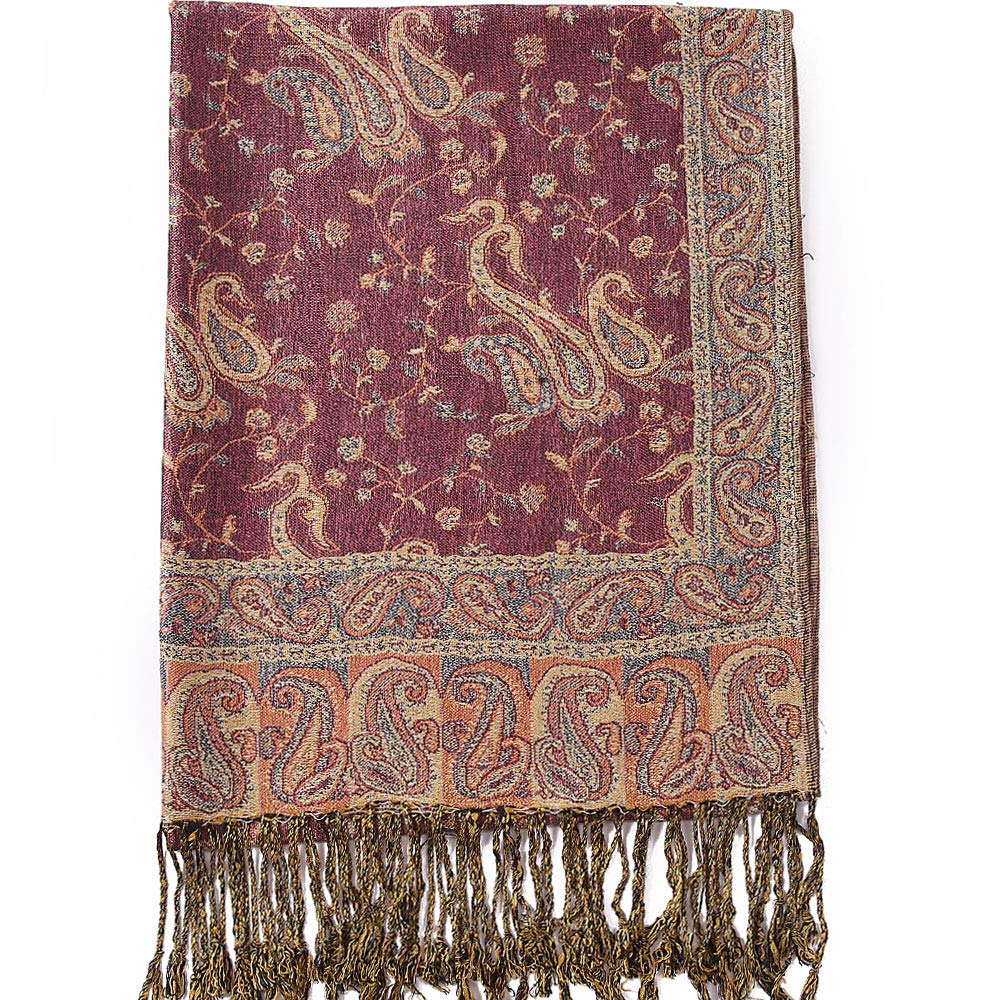 Becolored Paisley Flowers Borders Pattern Pashmina Silk Scarf Shawl Wrap Blanket Reversible Comfortable With Fringes, 22-violet, Large