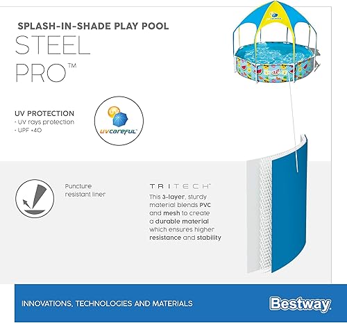 Miniatura 20 de H2OGO! - Piscina redonda para niños con marco de acero de 8 pies sobre el suelo con rociador de agua y toldo para sol, estampado de hojas tropicales