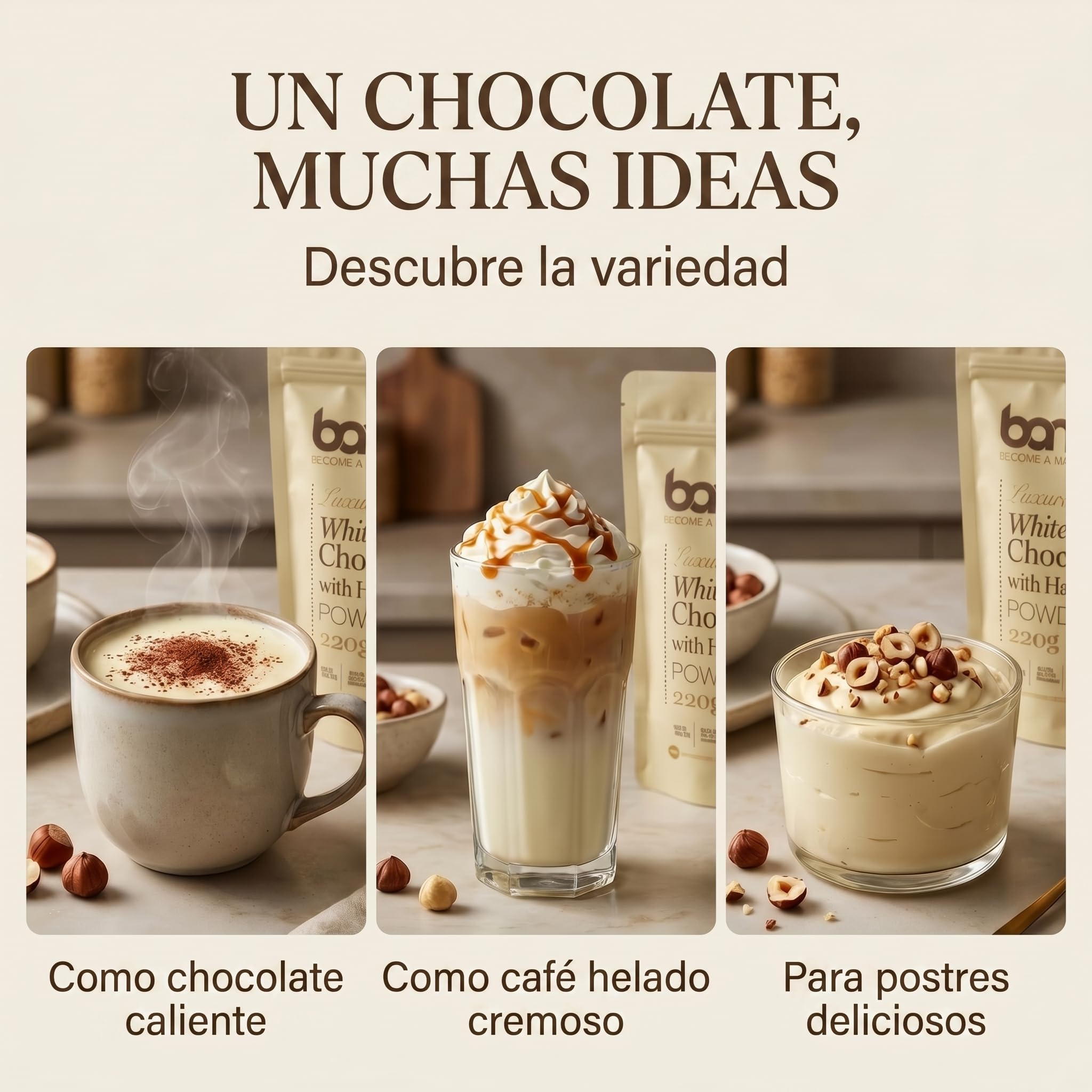 BAM Chocolate Blanco a la Taza con Avellanas, 220 g – Chocolate Caliente en Polvo – Preparado para Bebida Suave y Cremosa con Cuchara Medidora