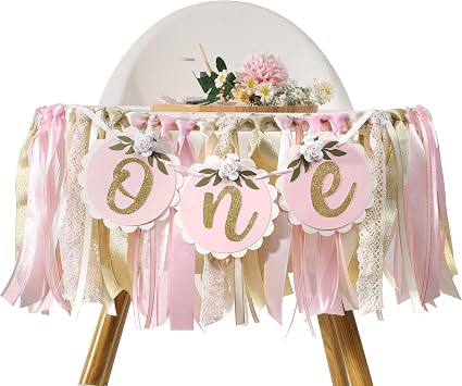 Pink Golden Floral High Chair Banner - Rose 1st Birthday Highchair Banner, Girls 1st Birthday Decoration, Pink First Bday Decor, One High ChairBanner, First Bday Party Decorations for Girls
