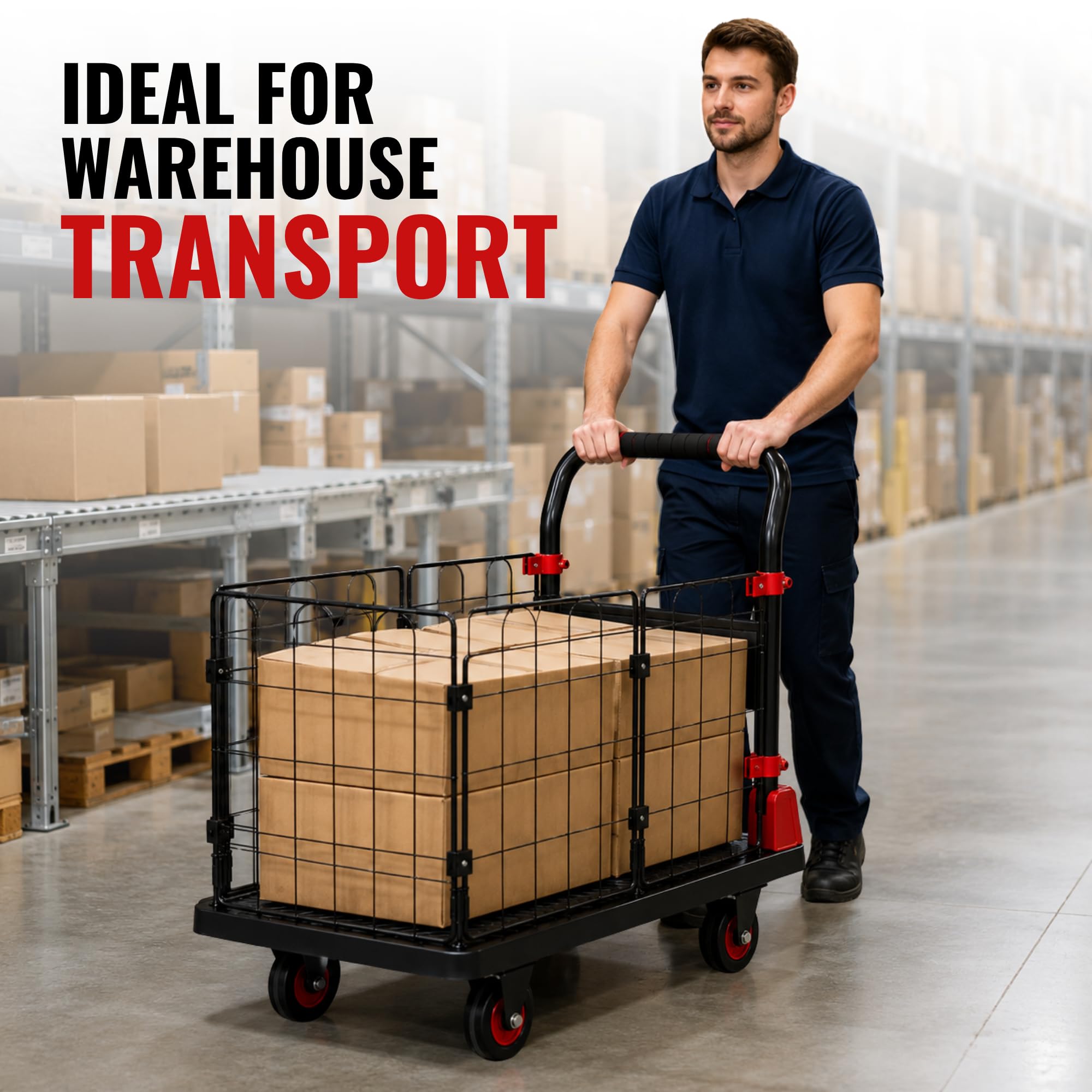 Carro Plataforma Plegable, Jaula Metálica, Soporta 200 kg, 4 Ruedas 360° | Plataforma de 66 × 48 cm, Asa Acolchada y Cuerdas de Sujeción
