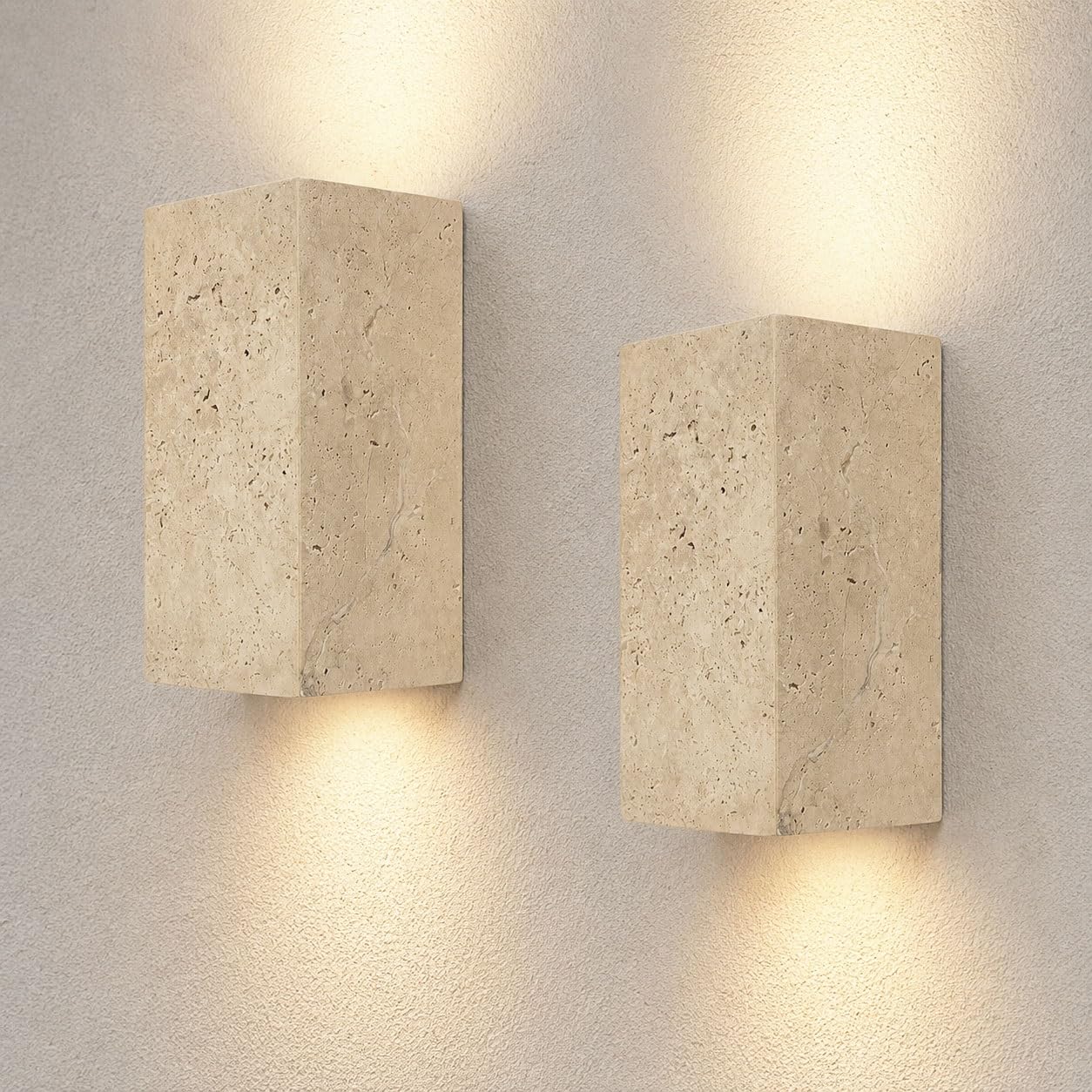 Pack 2 Apliques de pared travertino for exterior iluminación arriba y abajo | Lámpara de pared de piedra natural 3000K 9W LED Lámpara de pared de mármol impermeable for porche, jardín y pasillo(8x18cm)