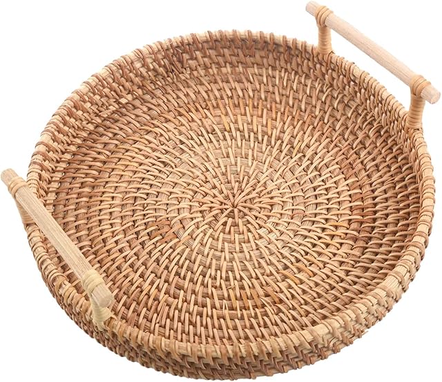 YEAJION Rattan Basket Round Woven Tea With Handles For Serving Dinner Parties Coffee Breakfast (8.7 Inches)