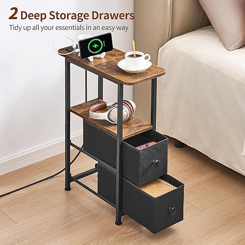 Miniatura 6 de Mesa auxiliar estrecha con estación de carga, mesa auxiliar estrecha con cajón, mesita de noche pequeña con luz LED, mesita de noche delgada, mesita