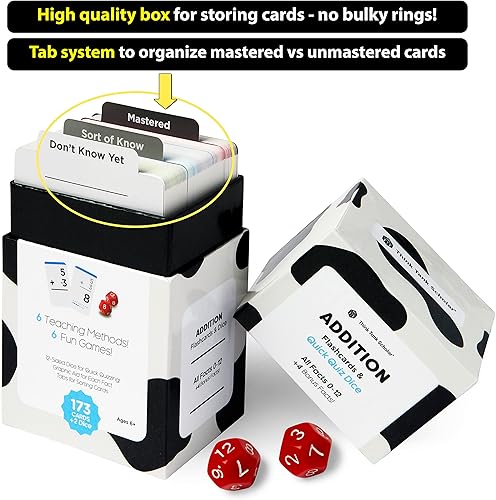 Miniatura 4 de Think Tank Scholar Juego de 173 tarjetas flash adicionales + 2 dados de matemáticas (galardonado). Respuesta de todos los datos del 0 al 12 en la