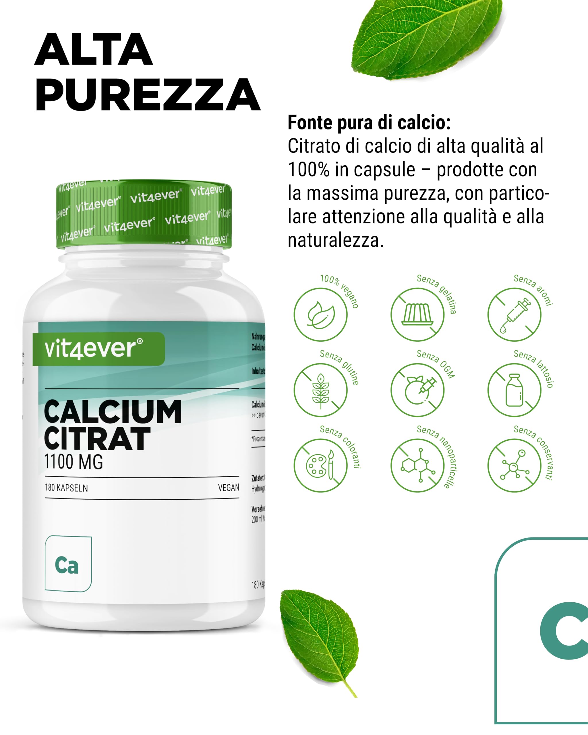vit4ever Calcio Citrato - 180 Capsule - Alto Dosaggio con 1100 mg per Capsula - scorta per 2 mesi - Elevata Biodisponibilità - Calcio per Ossa, Denti e Metabolismo Energetico - Vegano