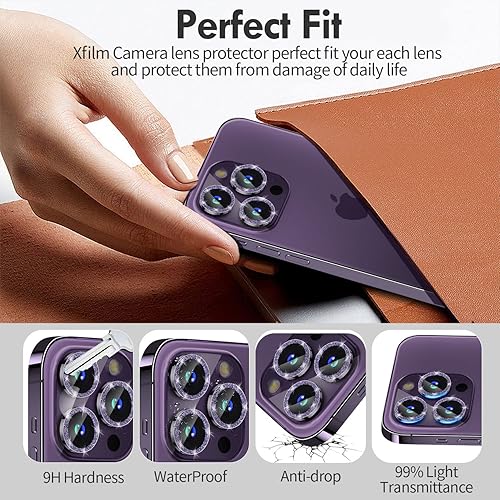 Miniatura 196 de Xfilm Protector de lente de cámara Bling para iPhone 14 Pro/14 Pro Max, dureza 9H a prueba de rayones, protector de anillo individual de metal