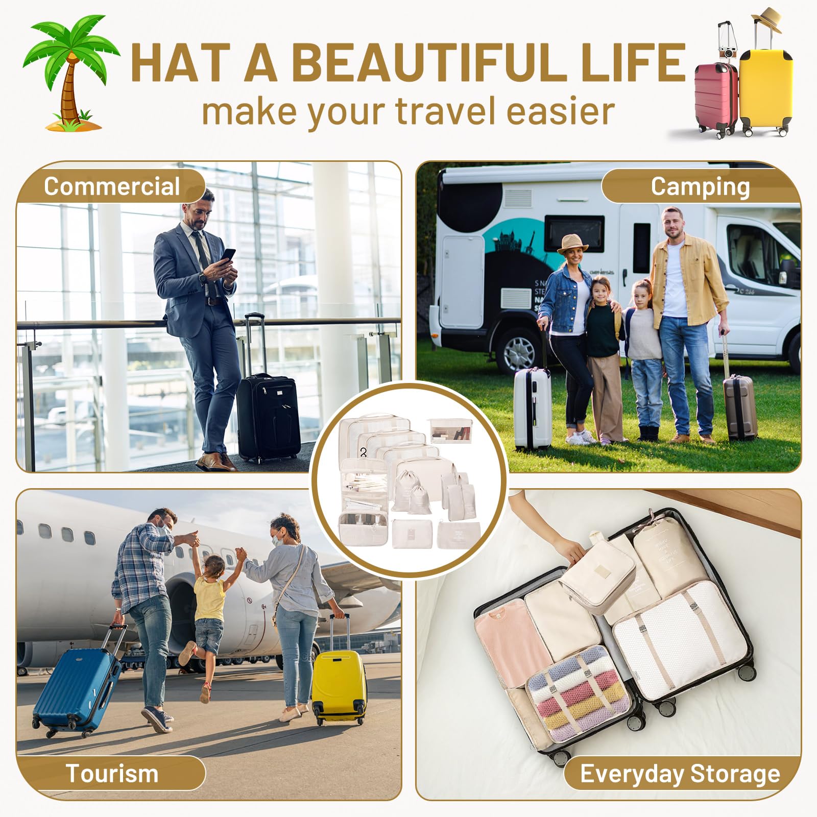 Sac Rangement Valise 12 Pièces – Organisateur Valise Imperméables avec Sacs à Vêtements,Sacs à Chaussures,Trousse de Toilette,etc.| Beige | Gain de Place pour Vacances et Voyages d’Affaires