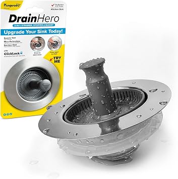 2-Pack Drain HeroTM 3-in-1 Kitchen Sink Strainer, Stopper & Basket Stainless Steel, Anti-Clog, Dishwasher Safe