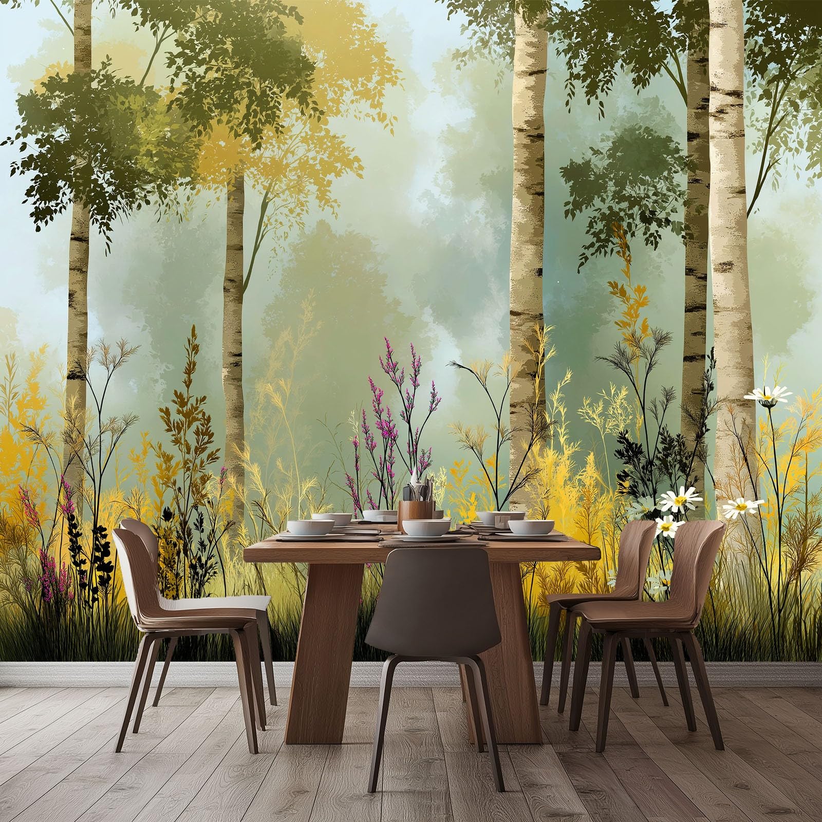 Fototapety ręcznie rysowane lasy dzikie kwiaty brzozy 350 x 256 cm tapeta z włókniny, zielona fototapeta do salonu sypialni biura dekoracja ścienna mural