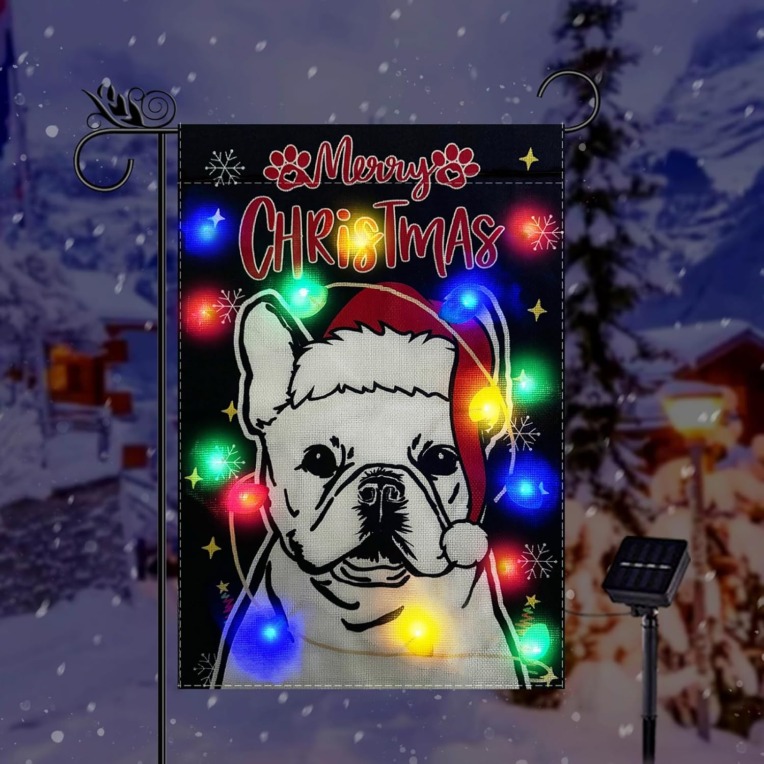Christmas Garden Flag Lighted Xmas Golden Doodle Flags for Outside Solar Led Double Sided Burlap Winter Holiday Dog Decorations Yard Lawn Outdoor Decor 12.5 x 18 Inch