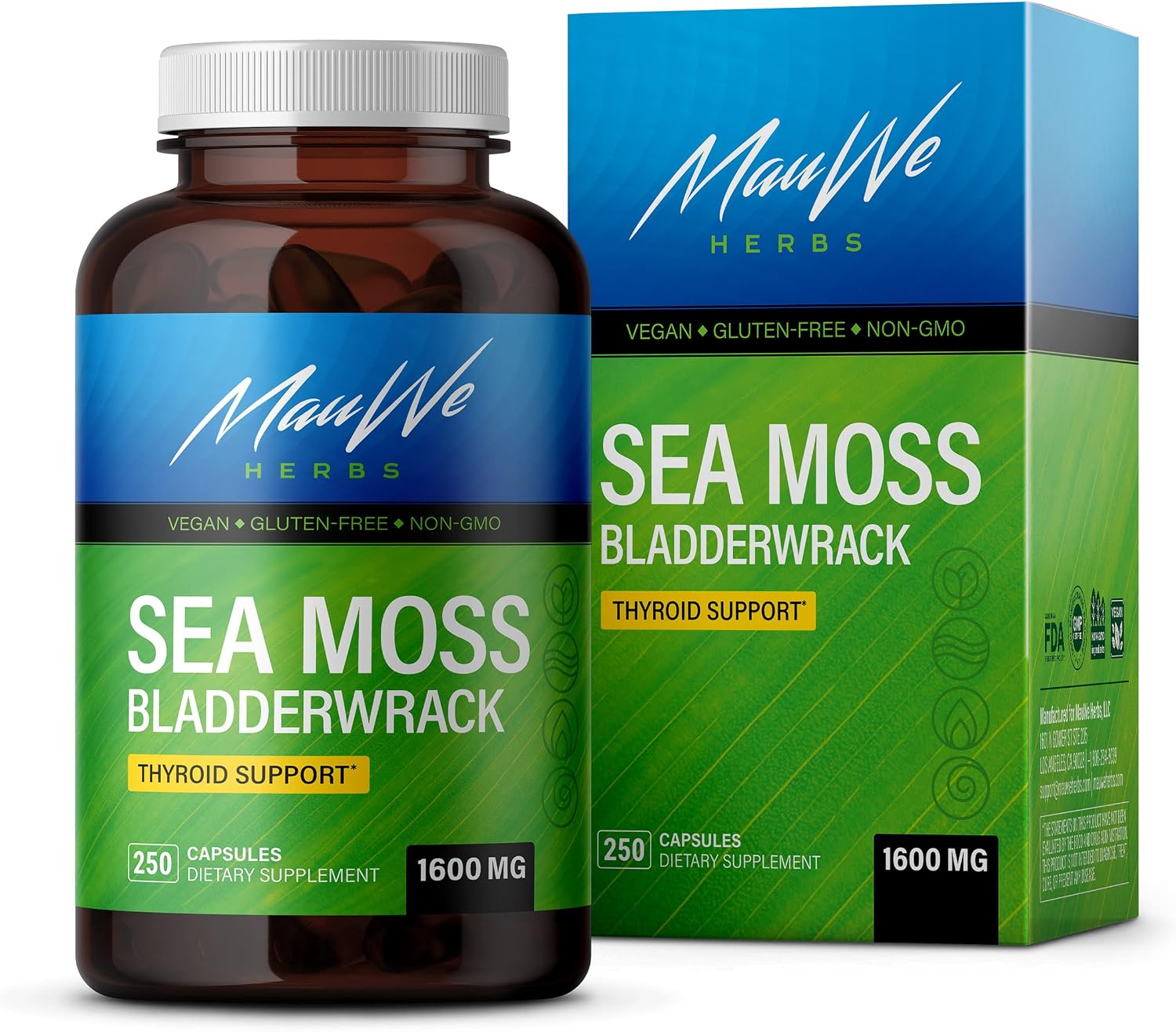 MAUWE HERBS Sea Moss Capsules - Organic Irish Sea Moss Pills - Wildcrafted Seamoss & Bladderwrack Powder Caps - Thyroid Support - Good for Keto Cleanse & Dr. Sebi Diet - 1600mg, 250 Vegan Caps