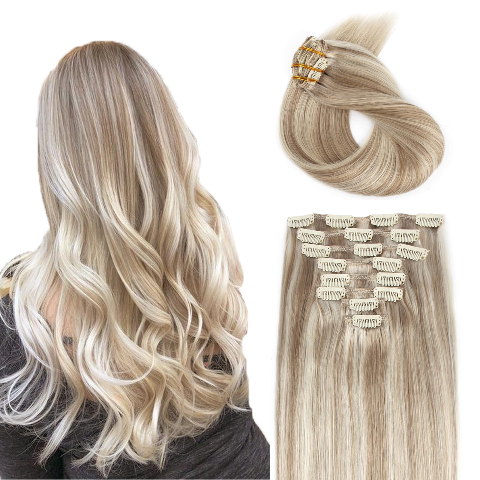 ABH AMAZINGBEAUTY HAIRClip in Hair Extensions Real Human Hair 16 Inch Highlighted Light Brown with Platinum Blonde P8-60 8pcs/120g Human Hair Extensions Clip In Human Hair Straight Natural