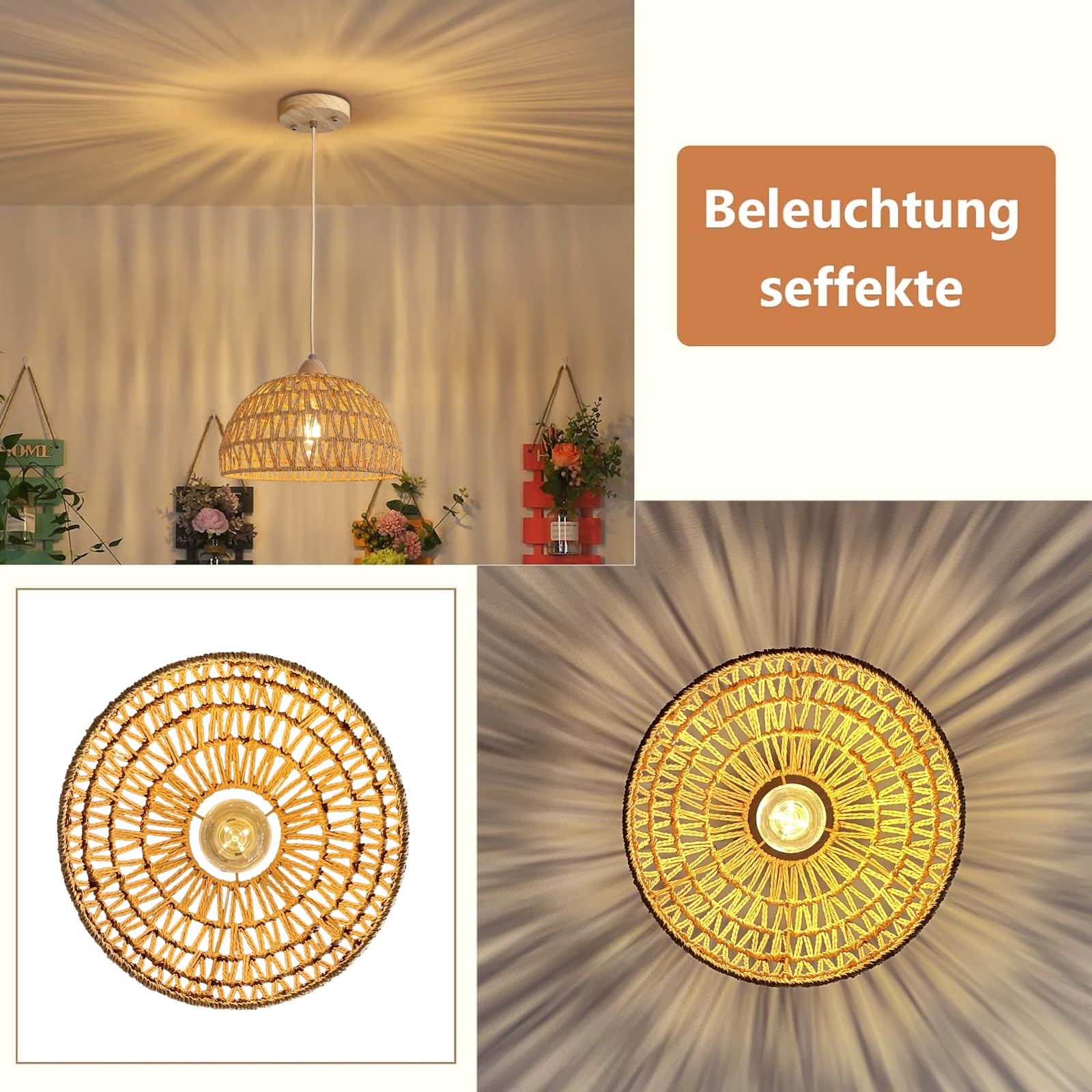 2 Stücke Pendelleuchte Rattan, Boho Vintage Hängelampe, Rustikal Retro Hängeleuchte Geflochten Esstisch Pendellampe E27 Esszimmerlampe Hängend für Esszimmer Wohnzimmer Esszimmer Flur Küche Ø 30cm