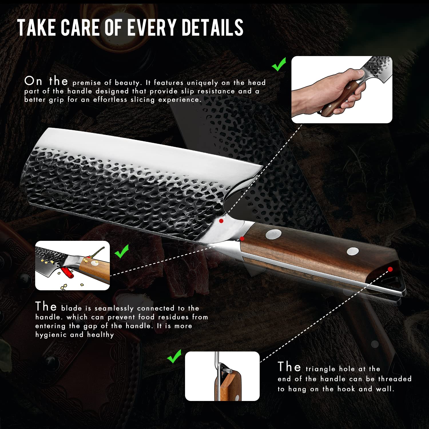 FANTECK Coltello da Cucina Cinese 20cm, Coltello da Macellaio Professionale Fatto a Mano, Coltelli da Cuoco Cinese Mannaia Full Tang da Campeggio All'aperto con Fodero in Pelle