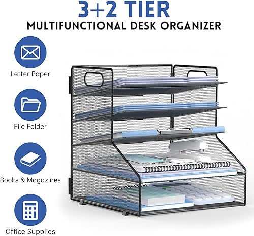 Miniatura 5 de Supeasy Organizador de escritorio de 5 niveles con asa, organizador de papel de mallaarchivos para escritorio, organizador de bandeja de papel para