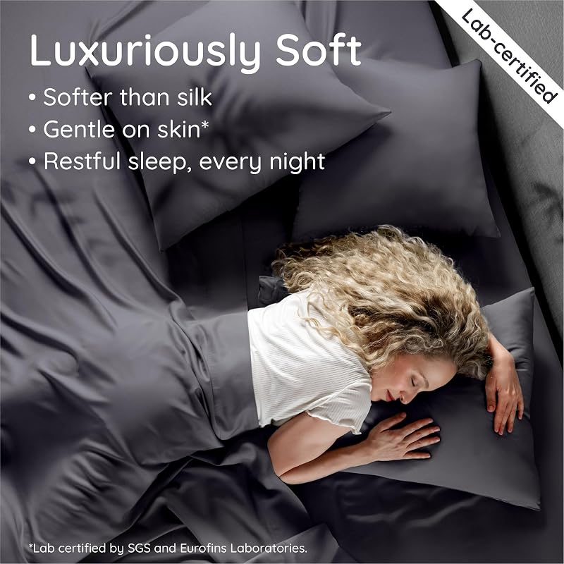 Bambaw 100% Viscose Derived from Bamboo Sheets Queen Size Set – 4pcs Cooling Sheet Set, Super Soft Sheets Queen Size, Luxury Bed Sheets, Deep Pocket Fits Up to 16'' Mattresses (Charcoal) image 5
