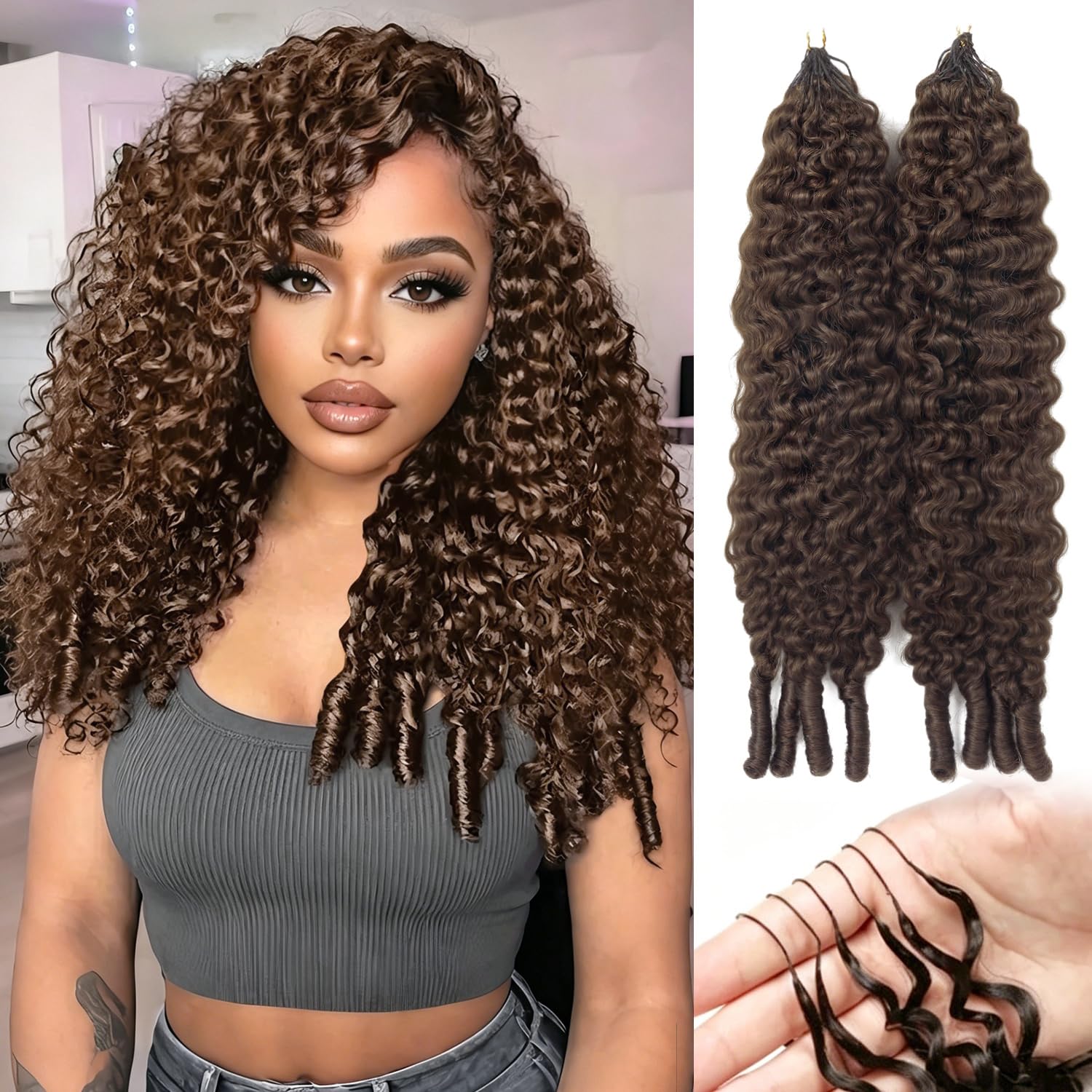 Photo 1 of DonsiRol Human Crochet Hair for Black Women Burmese Curly Human Hair Crochet Bundles 16 inch 60g Knotless Pre-Separated Feather Hair Invisible Crochet Hair Exrensions Chocolate Brown (#4)