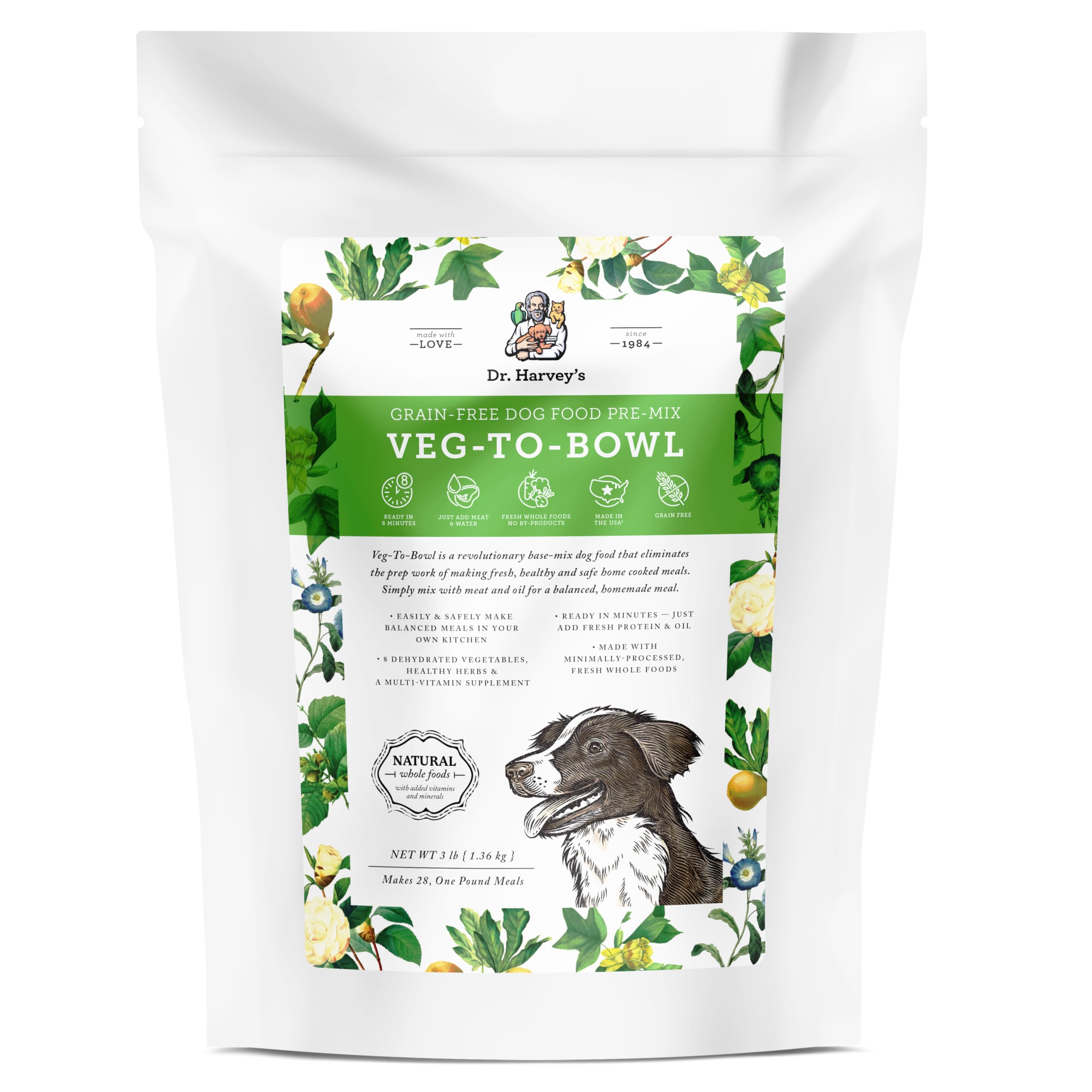 Dr. Harvey's Veg-to-Bowl Dog Food, Human Grade Dehydrated Base Mix for Dogs, Grain Free Holistic Mix (3 Pound)