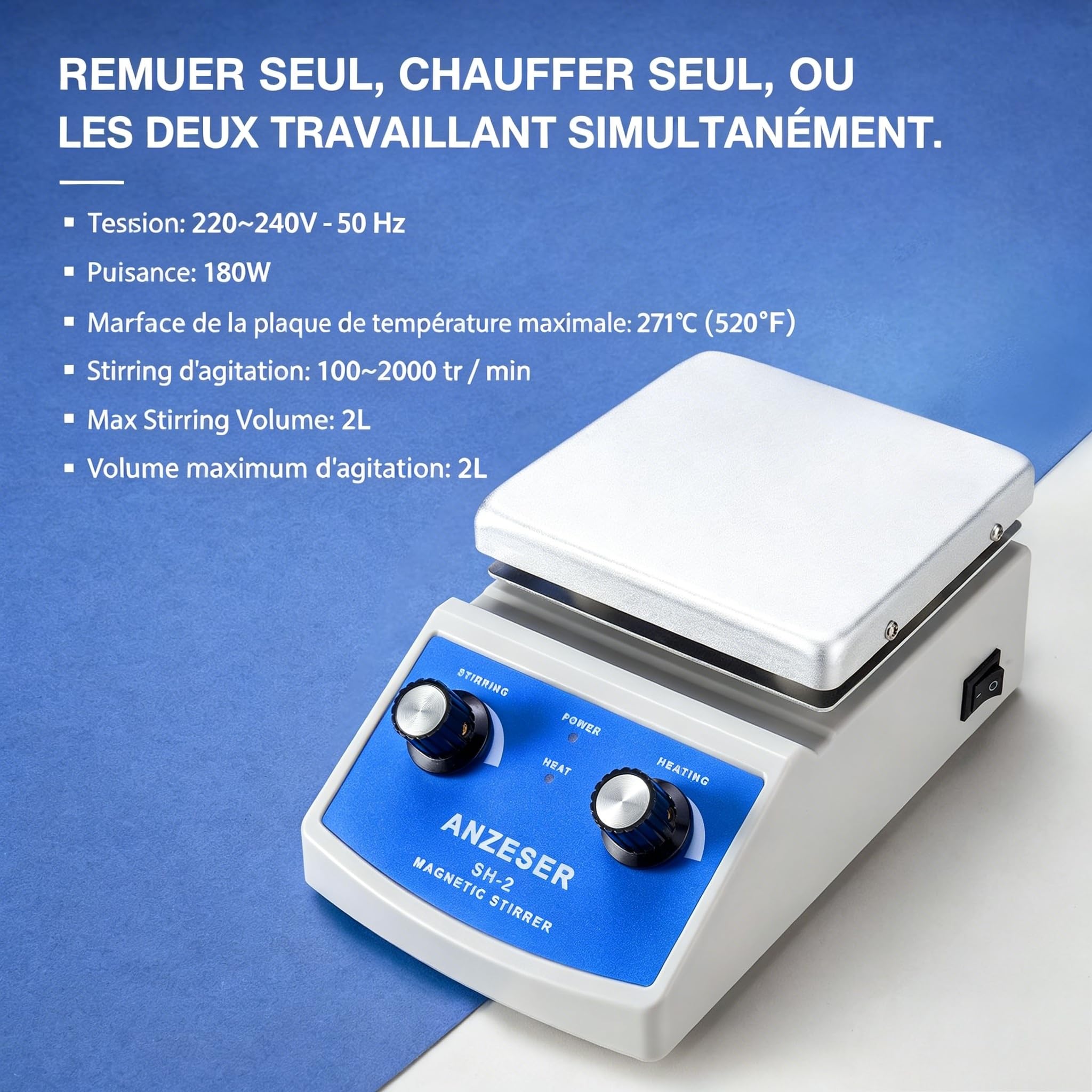 SH-2 laboratoire Mélangeur agitateur magnétique à plaque chauffante à double commande avec barre d'agitation 220V Prise UE