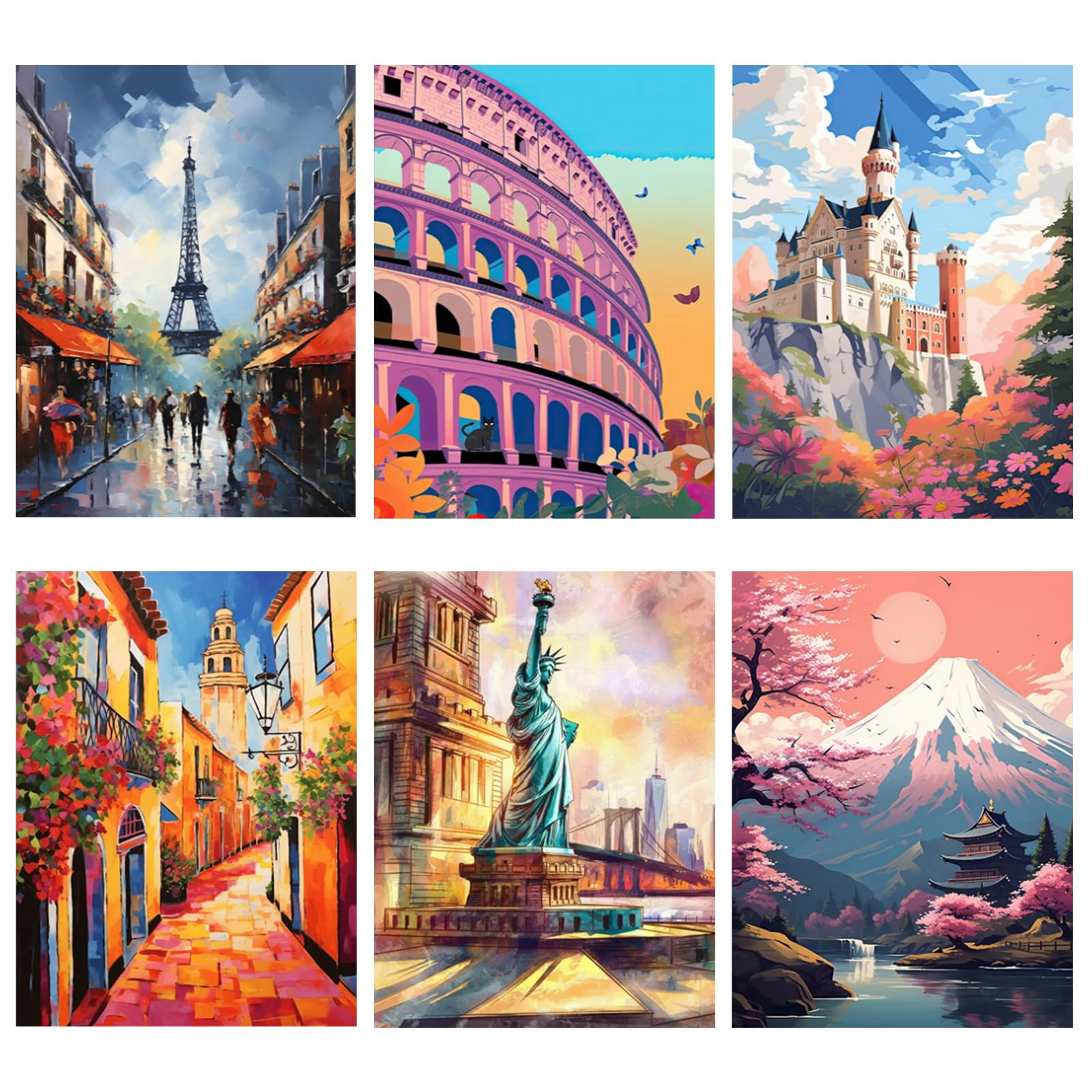 NAIMOER 6 Pièces Peinture par Numero Paysages Nationaux Adulte Enfants, Digital Touristiques Painting by Numbers, Pinceaux et Peintures Acryliques Cadeaux 20x30cm