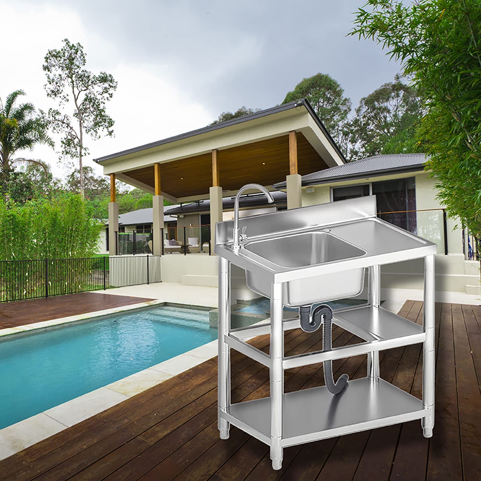 Évier sur Pied Simple en Acier Inoxydable avec Robinet combiné avec crépine évier Portable pour Laver la Vaisselle pour Restaurant, buanderie, Jardin, Cuisine extérieure (Chaud et Froid Gauche 80 x 5