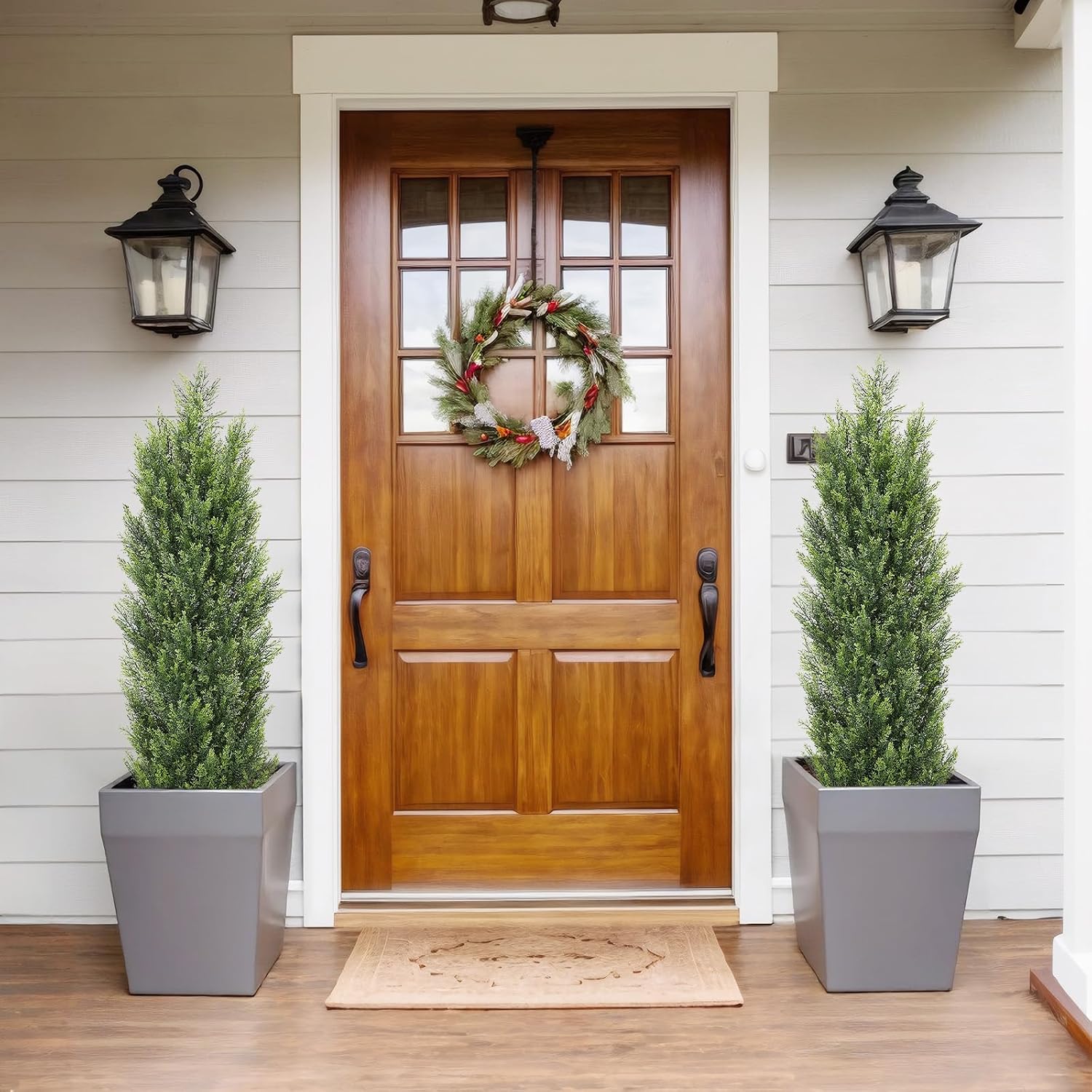 4ft Tall Cedar Topiary Trees Artificial Outdoor Set of 2, 48" UV Resistant Fake Evergreen Plants, Realistic Large Faux Pine Bushes & Shrubs for Front Porch Planter Christmas Decor 4 Foot