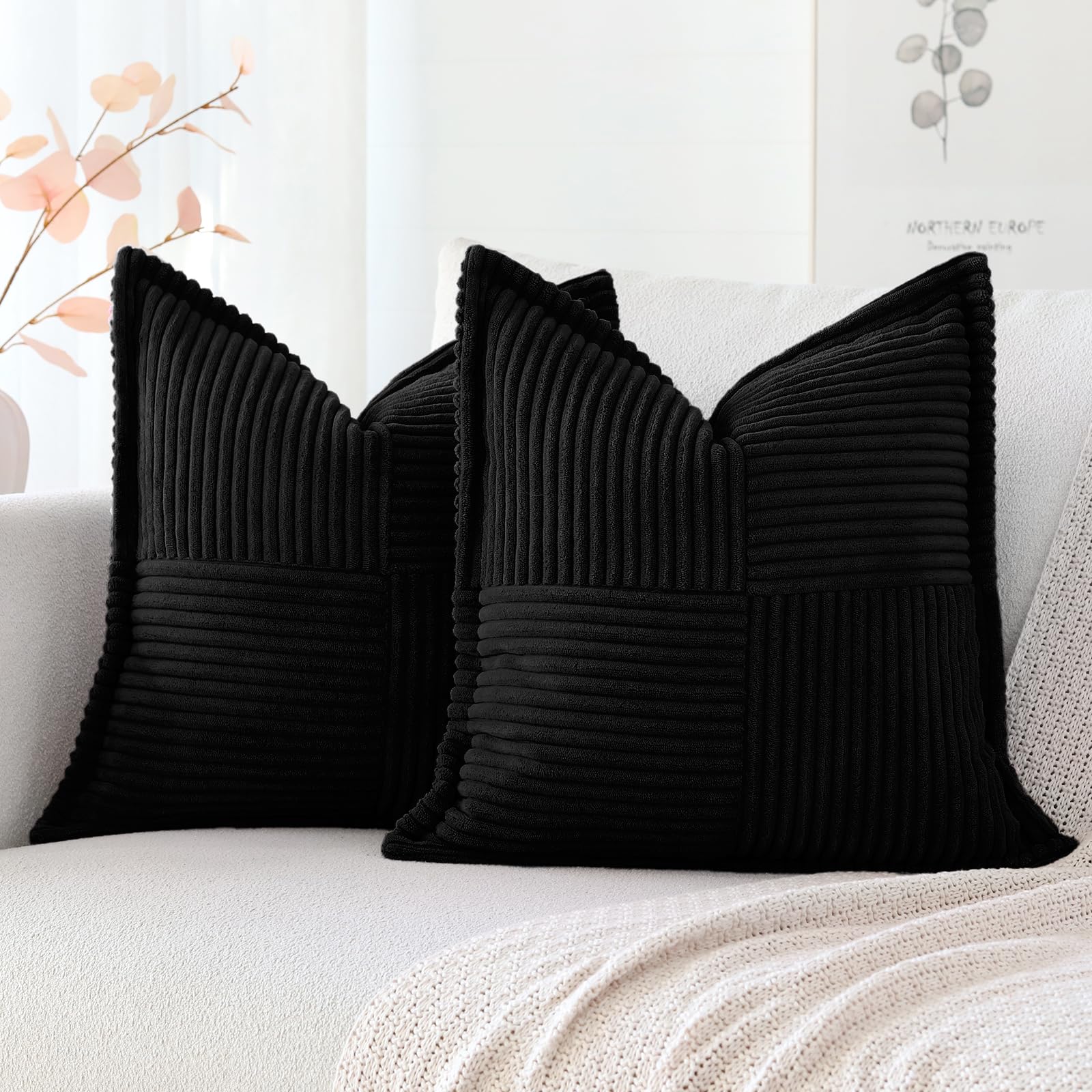 Housses de coussin velours côtelé noir 55x55 cm pour un intérieur design et cosy