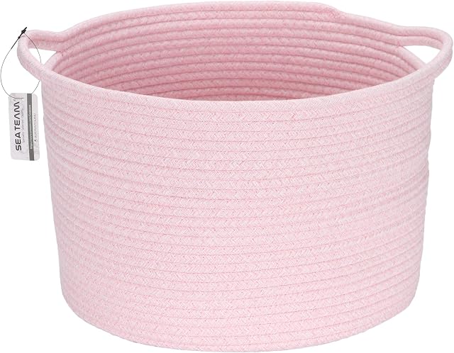 Sea Team Oval Cotton Rope Woven Storage Basket with Handles, Diaper Caddy, Nursery Nappies Organizer, Baby Shower Basket for Kid's Room, 14.2 x 14.2 x 10.2 Inches (Medium Size, Mottled Pink)