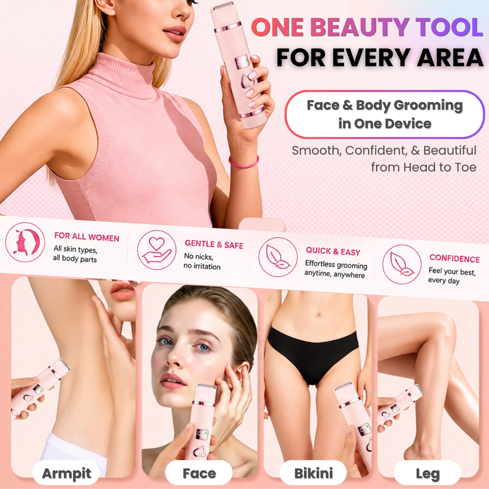 Maquinilla de afeitar eléctrica para mujer, recortadora de bikini y removedor de vello facial, recargable con hoja de cerámica, impermeable, pantalla LED, USB-C, bloqueo de viaje, regalo