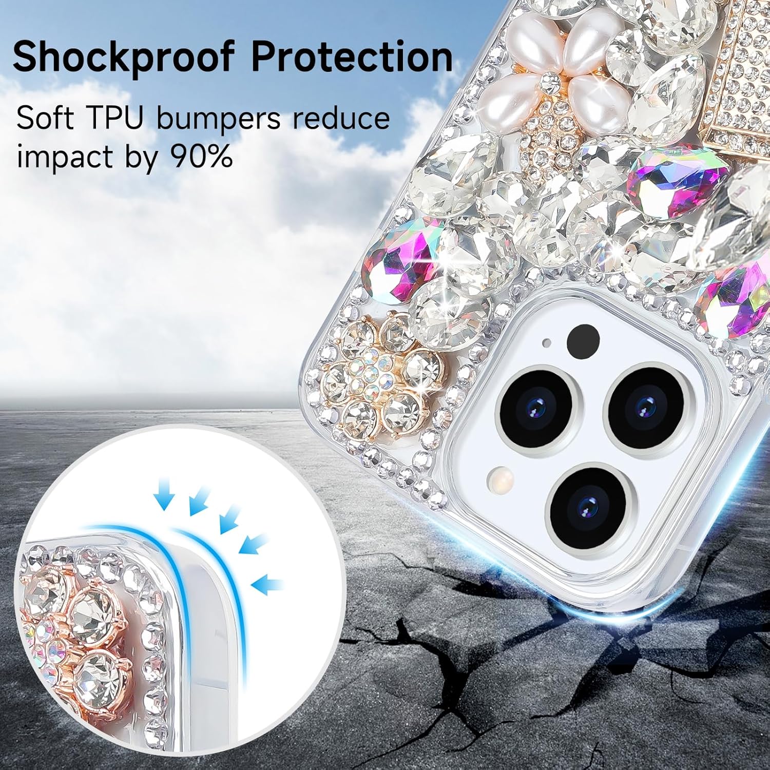 Losin Compatible with iPhone 13 Pro Max Bling Diamond Case Sparkly Crystal Rhinestone for Women Girls Fashion Luxury Glitter Shiny Gemstone 3D and Flower Gemstone Soft TPU Back Cover - Image 3