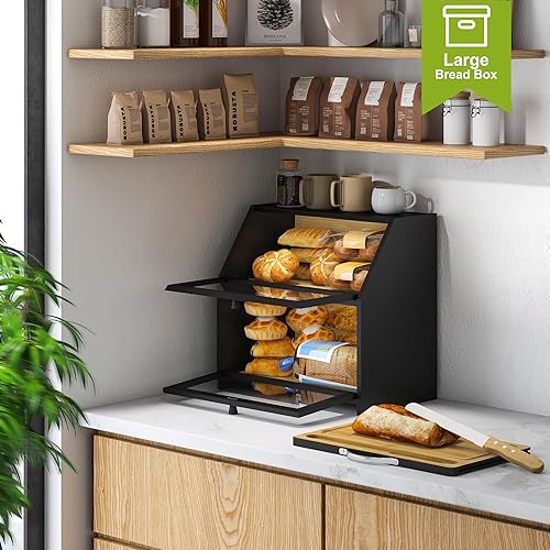 Miniatura 6 de BMOSU Panera con tabla de cortar, almacenamiento y organizador de pan de cocina, encimera de granja, panera doble de madera de bambú, cubo de gran