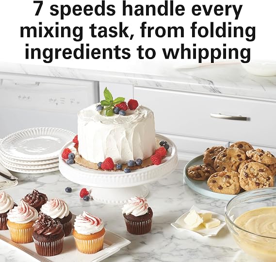 Hamilton Beach Electric Stand Mixer, 4 Quarts, Dough Hook, Flat Beater Attachments, Splash Guard 7 Speeds with Whisk, Aqua