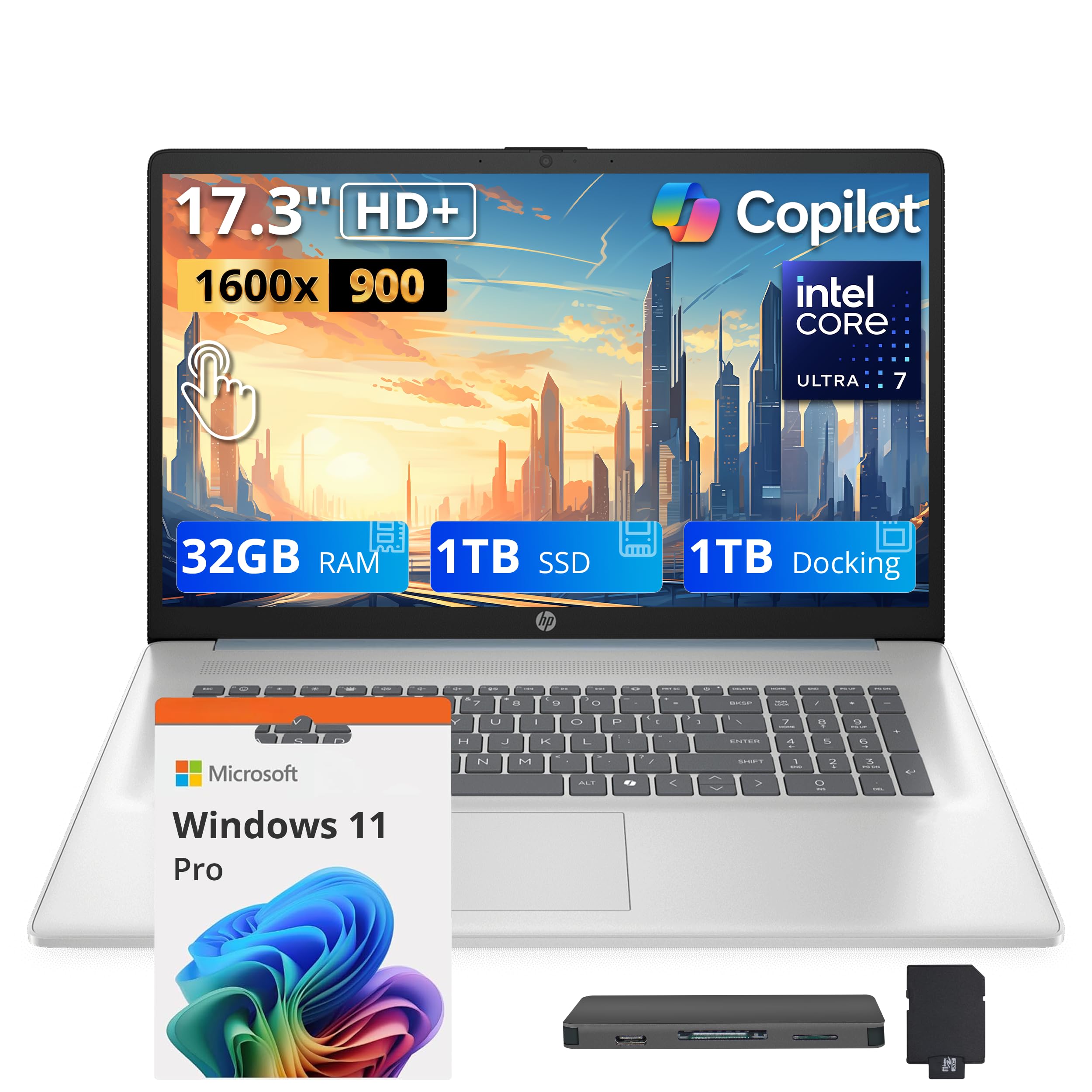HP 17.3" HD+ Touchscreen Laptop, Intel Core Ultra 7 255U, 32GB DDR5, 2TB Storage(1TB SSD+1TB Docking Station Set), Intel Graphics, Backlit Keyboard, Num Pad, Webcam, WiFi 6, Win11 Pro, Moonlight Blue