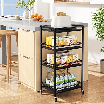 IBUYKE Industrial Bar Storage Cart, Mobile 4-Tier Shelf, Bedroom, Living Room & Bath Black TMJ419B