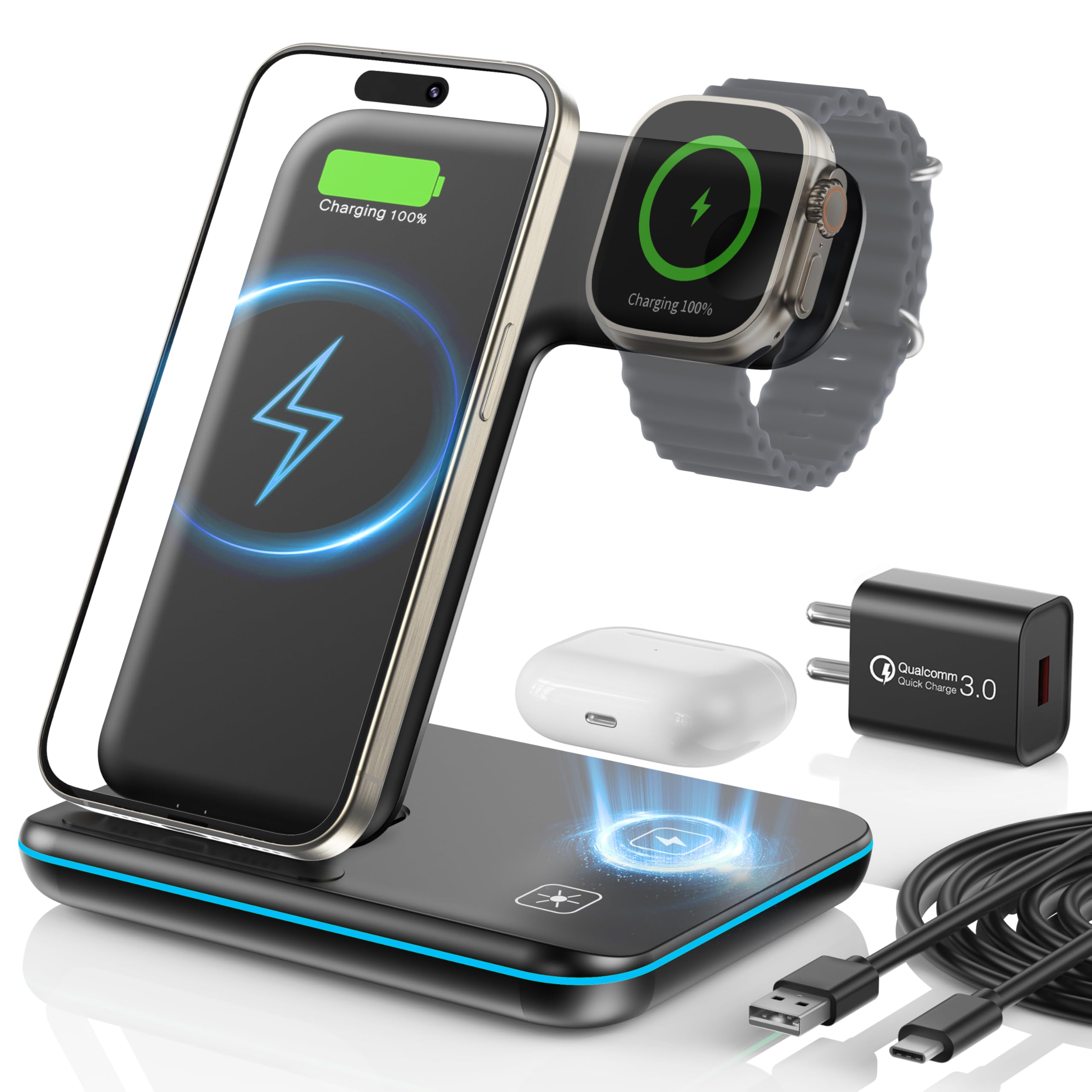 HEYMIX 3 in 1 Wireless Charger - 15W Fast Wireless Charger for iPhone, 3-in-1 Wireless Charging Dock Stand Compatible with AirPods, iWatch, iPhone14/13, Samsung Galaxy S22/S21 (with QC3.0 Adapter) (B0DBR2FJCV) Amazon Price History, Amazon Price Tracker