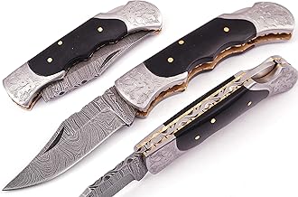 Hand made Damascus steel blade Folding/Pocket Hunting knife, Razor Sharp Edge with leather sheath, knives for men,women best gift (HORN)