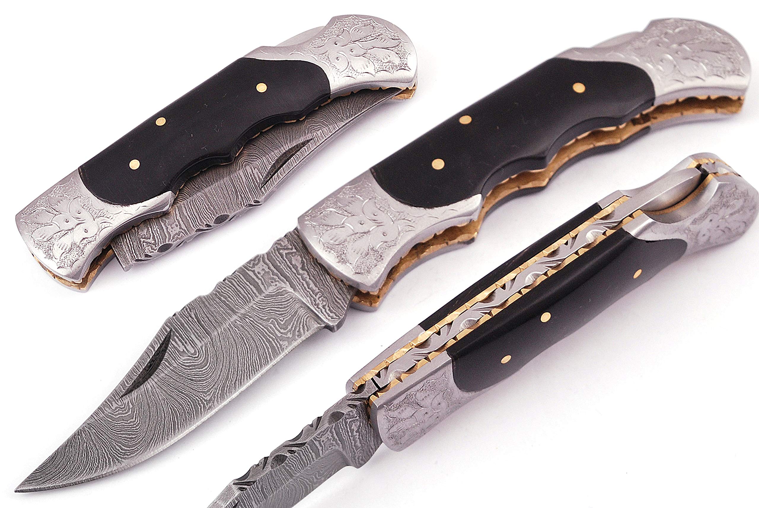 Hand made Damascus steel blade Folding/Pocket Hunting knife, Razor Sharp Edge with leather sheath, knives for men,women best gift (HORN)