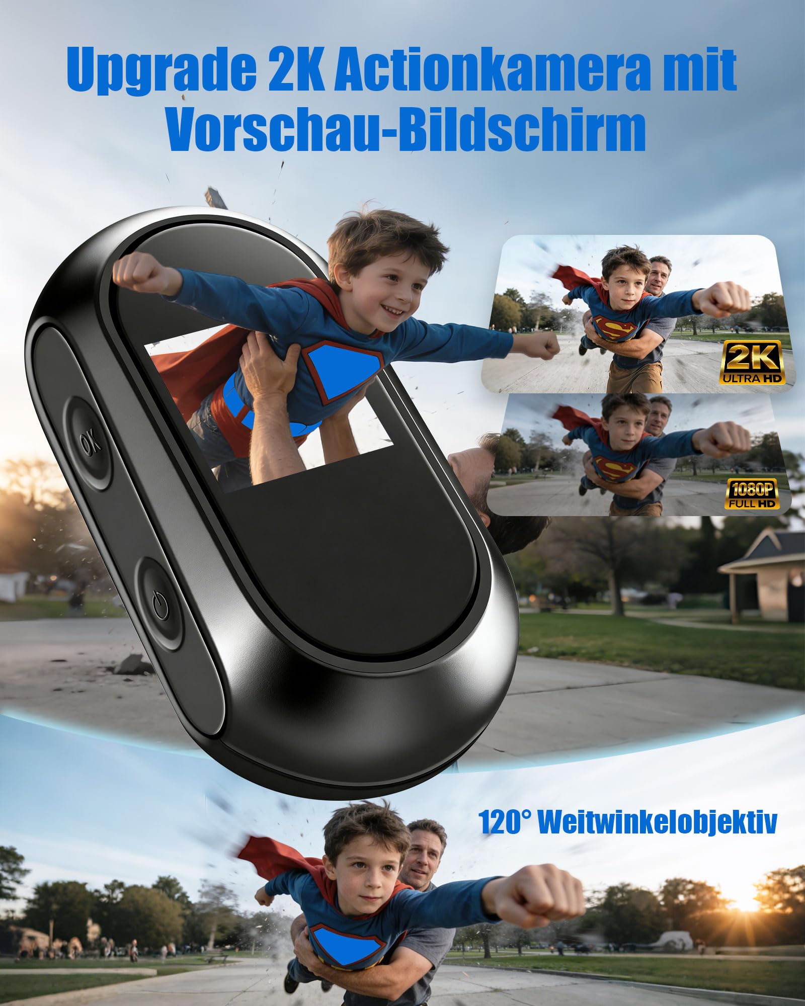 Action Cam 2K mit 64 GB Karte, Vlog Kamera mit WiFi, Mini Bodycam Körperkamera mit 120° Weitwinkel, Helmkamera Dashcam Fahrrad mit Multifunctional Accessories, POV Kamera für Motorrad