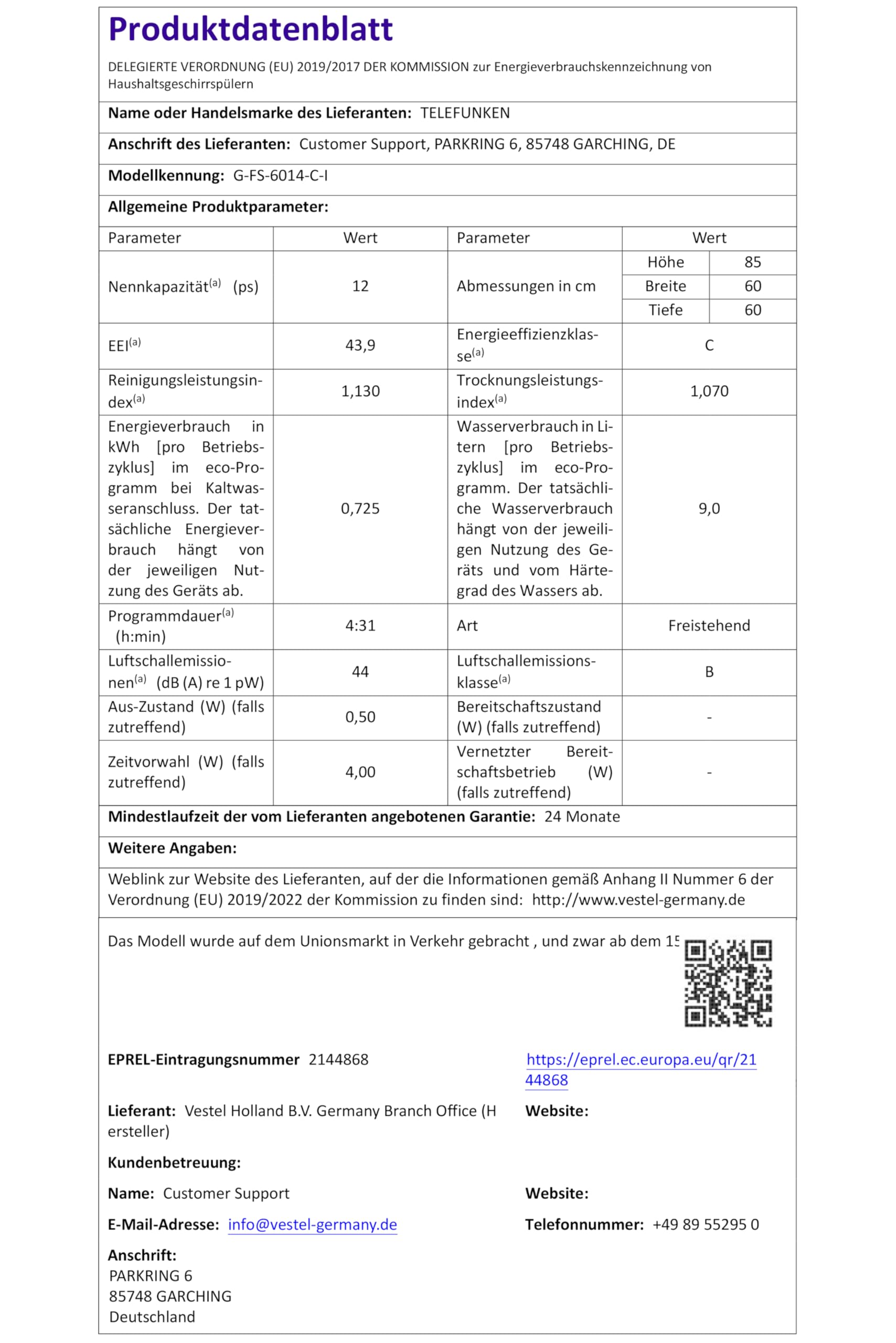 Telefunken G-FS-6014-C-I Geschirrspüler freistehend Spülmaschine 60 cm | 12 Maßgedecke, 9 Programme, AquaStop - Schutz vor Wasserschäden, Auto-Door, leise 44 dB, SpeedWash, inkl. Besteckkorb