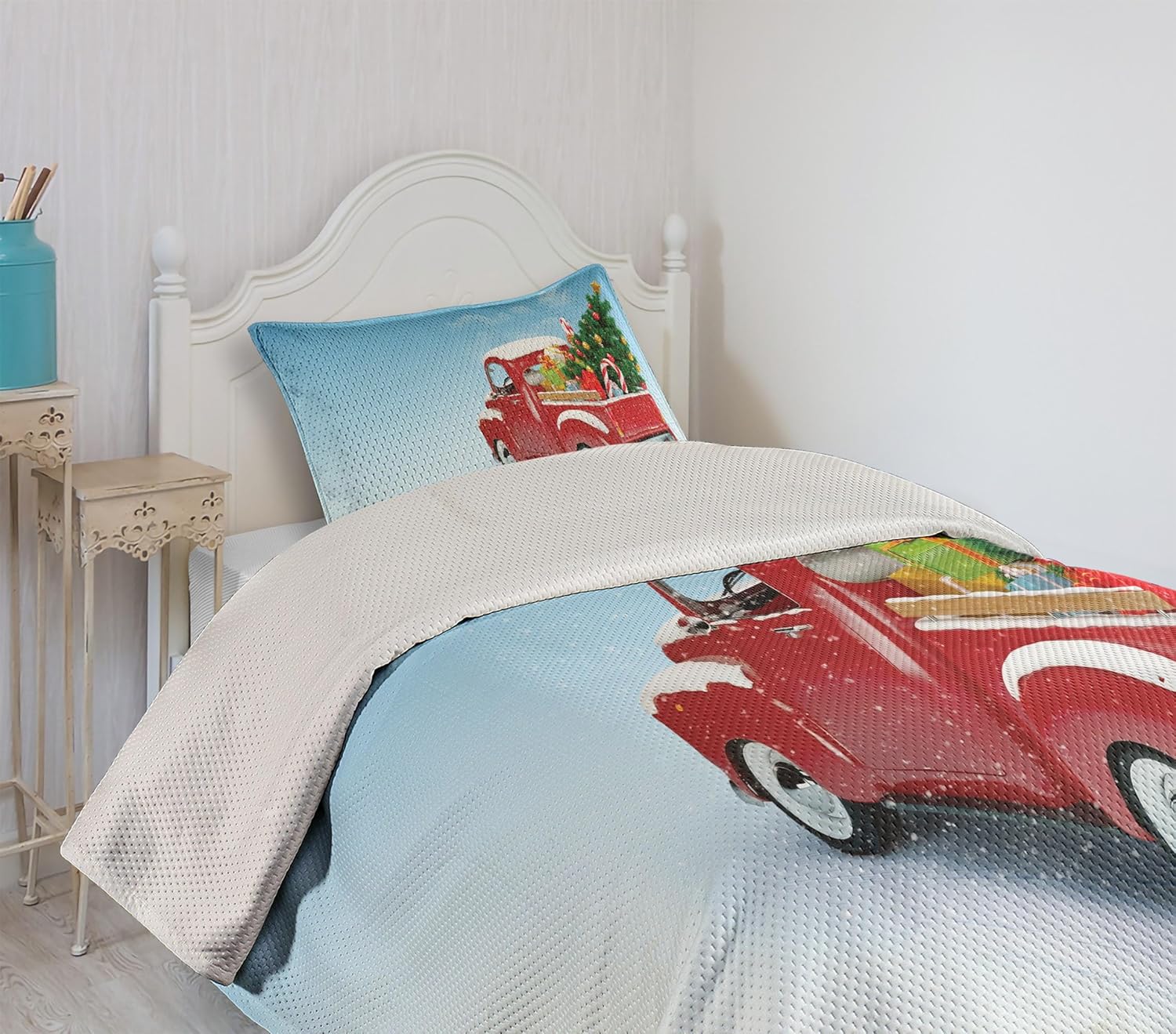 Ambesonne Christmas Coverlet, Red Classical Pickup Truck with Tree Gifts and Ornaments Snowy Winter Day Image, 2 Piece Decorative Quilted Bedspread Set with 1 Pillow Sham, Twin Size, Blue Red