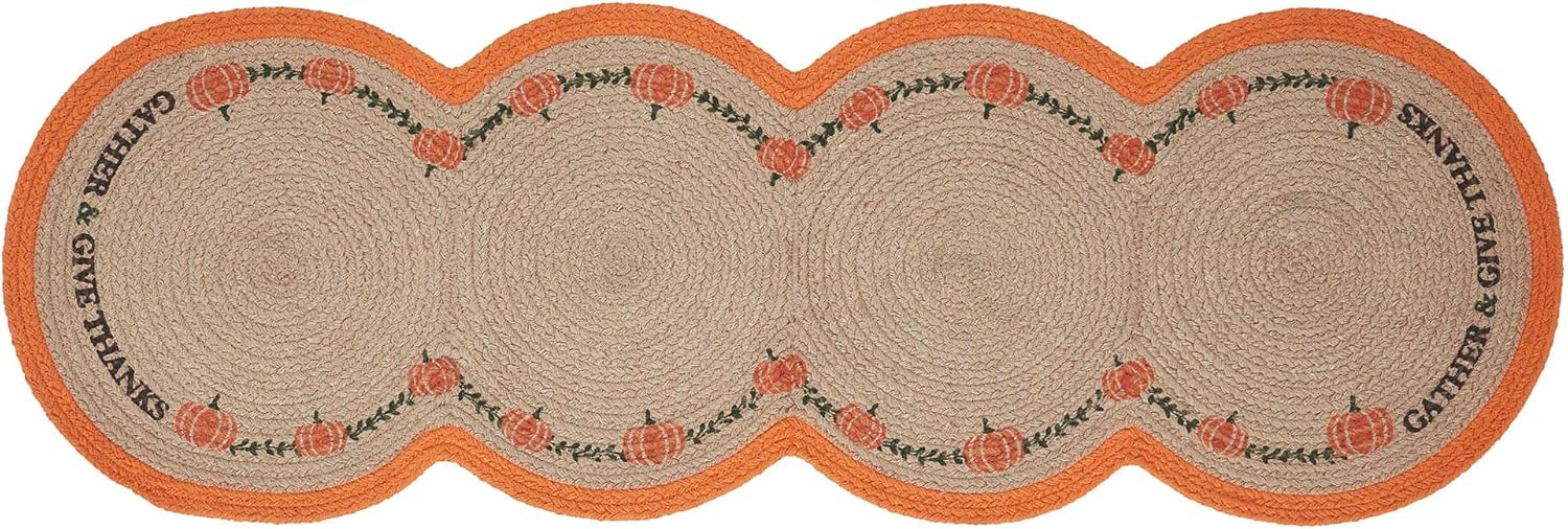 VHC Brands Harvest Blessings Natural Stencil Pumpkin Table Runner 12x36 Braided Cotton, Kitchen Dining Table Holiday Decoration, Decor for Fall and Thanksgiving