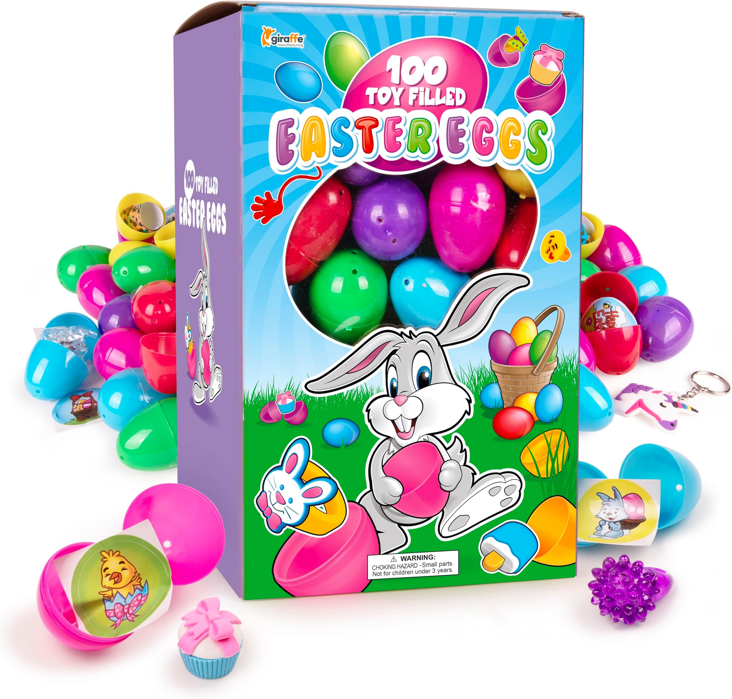 Giraffe 100 Pack Prefilled Easter Eggs Bulk - Multi Color Plastic Filled Easter Eggs for Kids with Toy Filled Slap Bracelets, LED Rings, Stickers - Easter Basket Stuffers for Kids